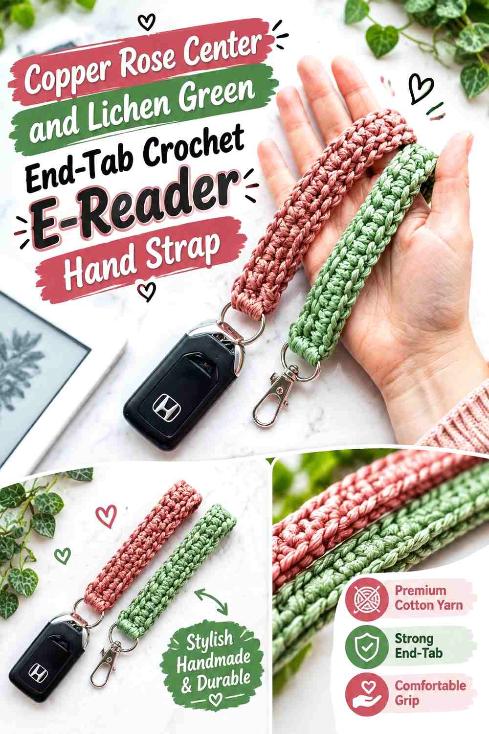 4. Copper Rose Center And Lichen Green End Tab Crochet E Reader Hand Strap