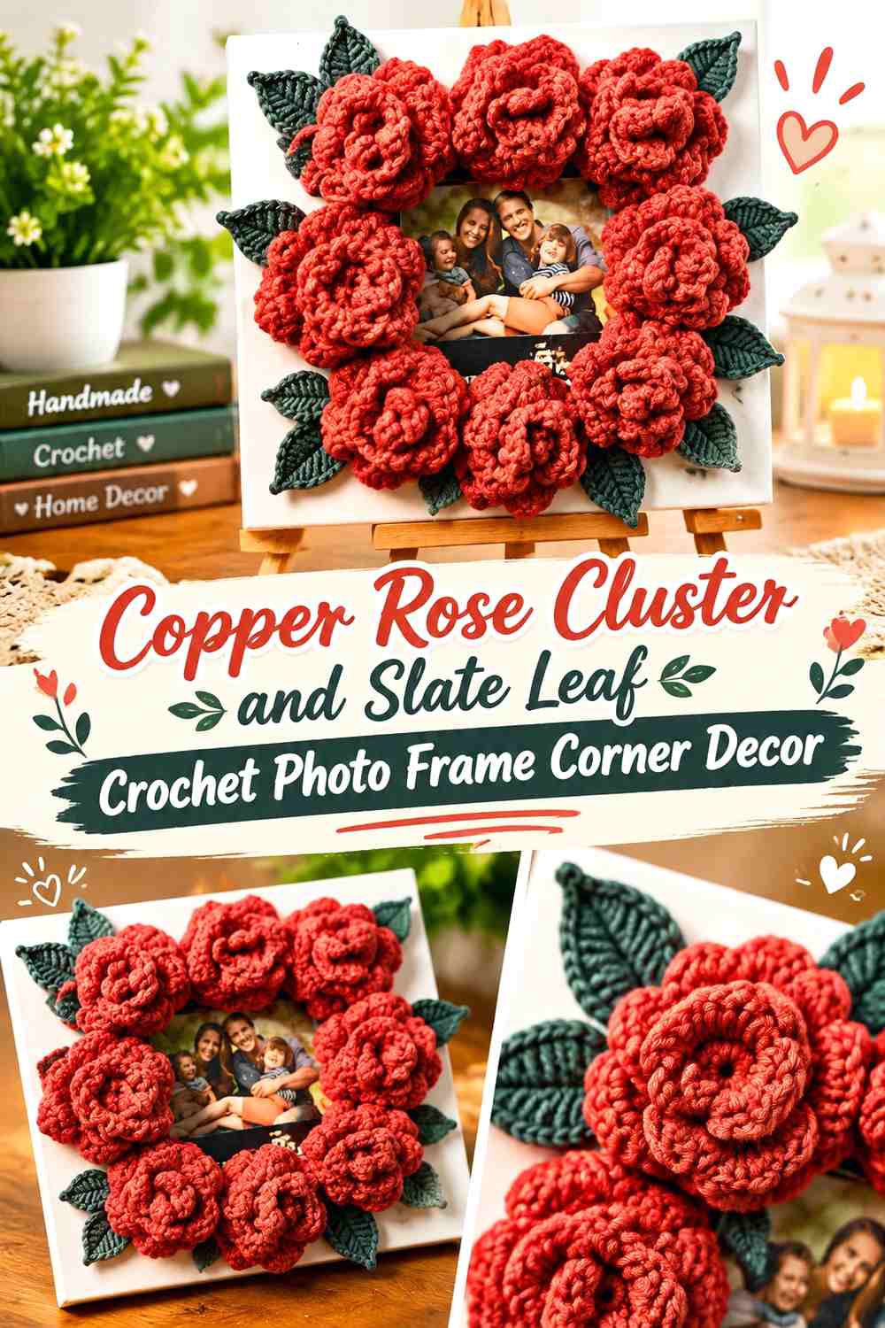 2. Copper Rose Cluster And Slate Leaf Crochet Photo Frame Corner Decor