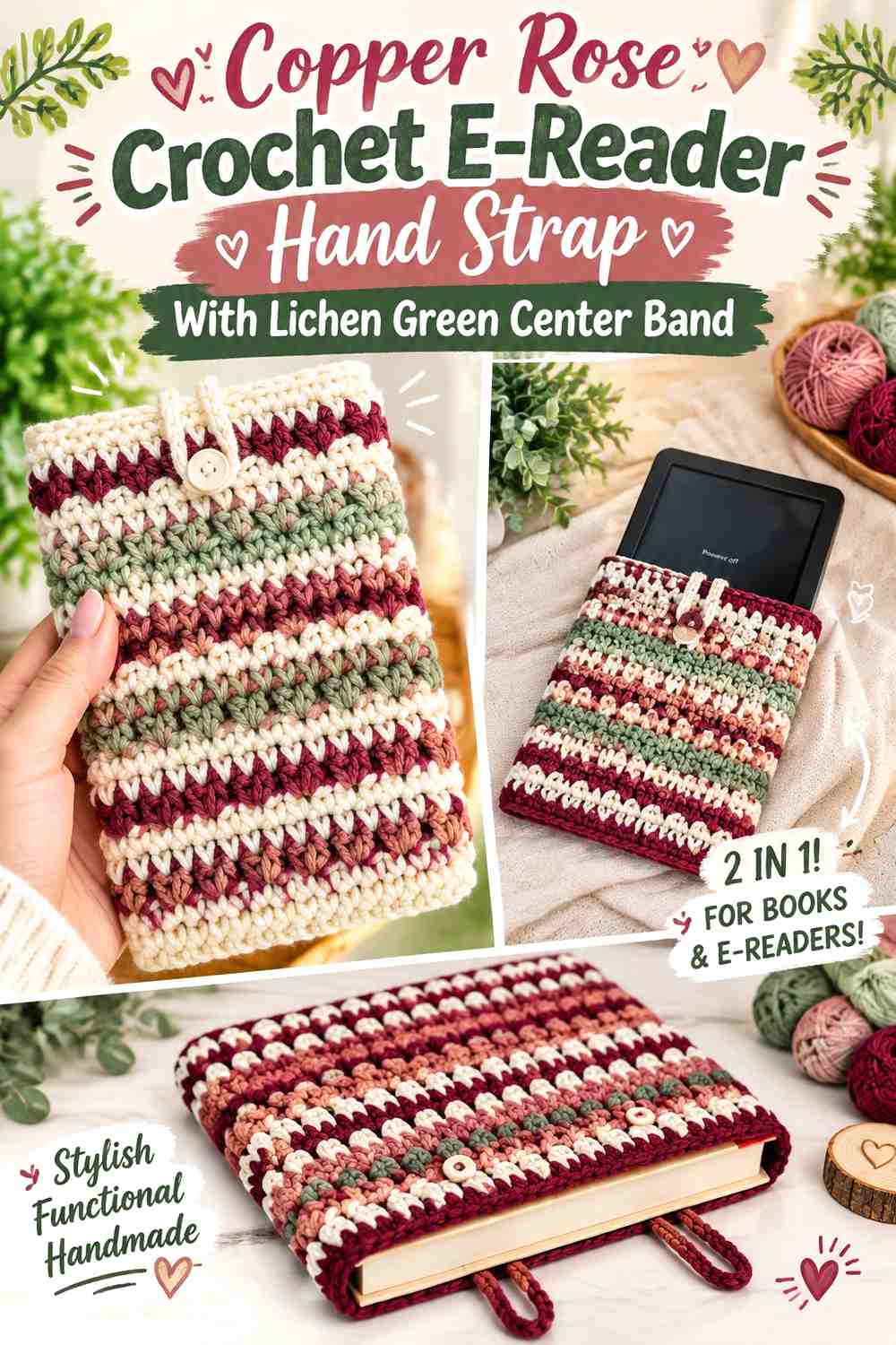 8. Copper Rose Crochet E Reader Hand Strap With Lichen Green Center Band