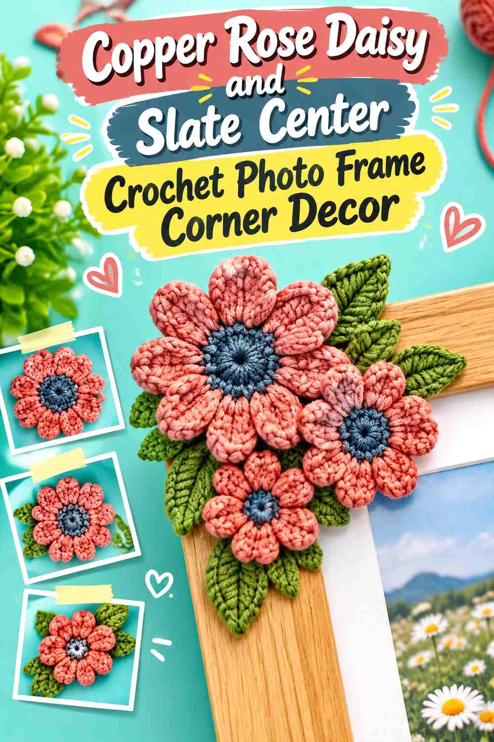 6. Copper Rose Daisy And Slate Center Crochet Photo Frame Corner Decor