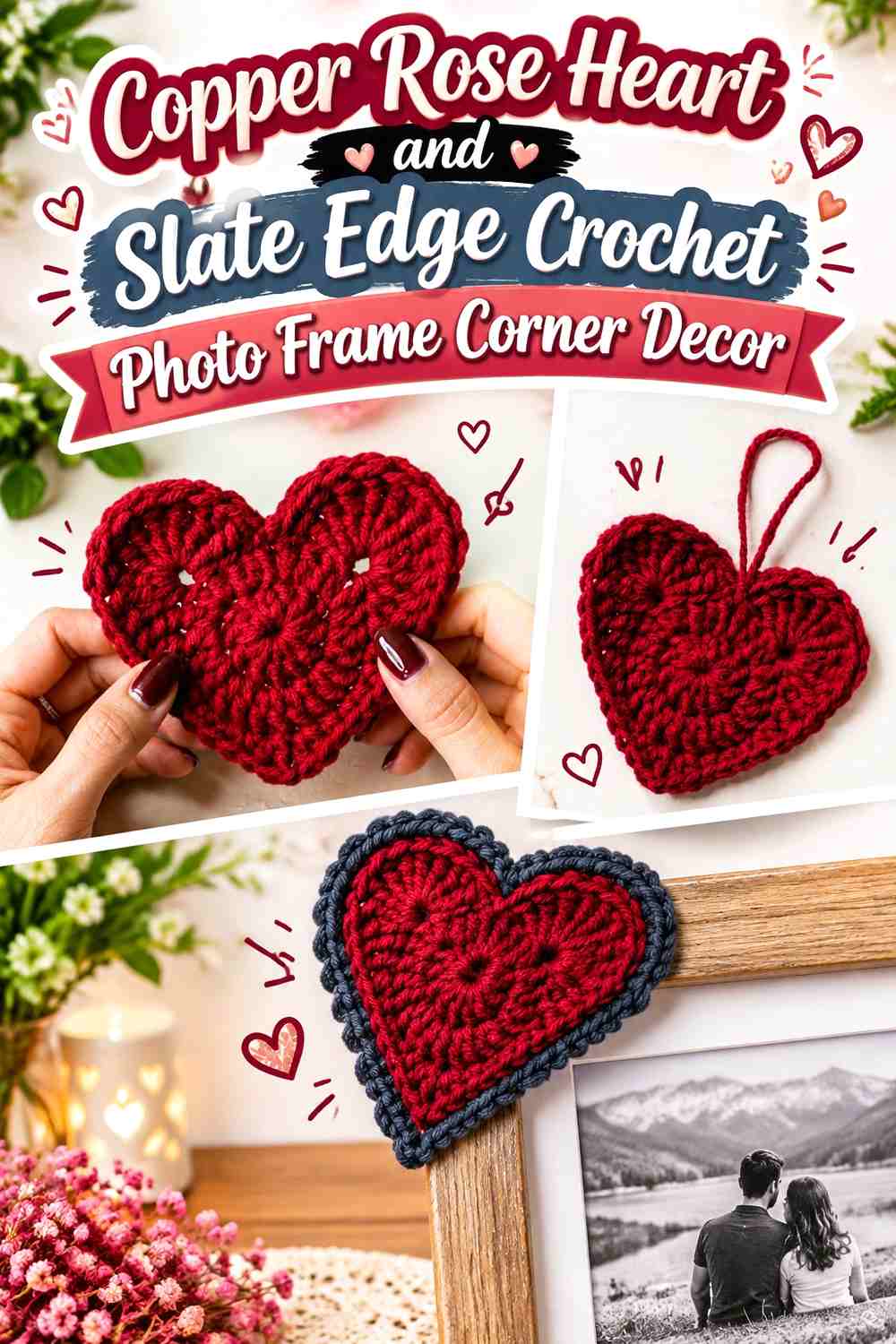 5. Copper Rose Heart And Slate Edge Crochet Photo Frame Corner Decor