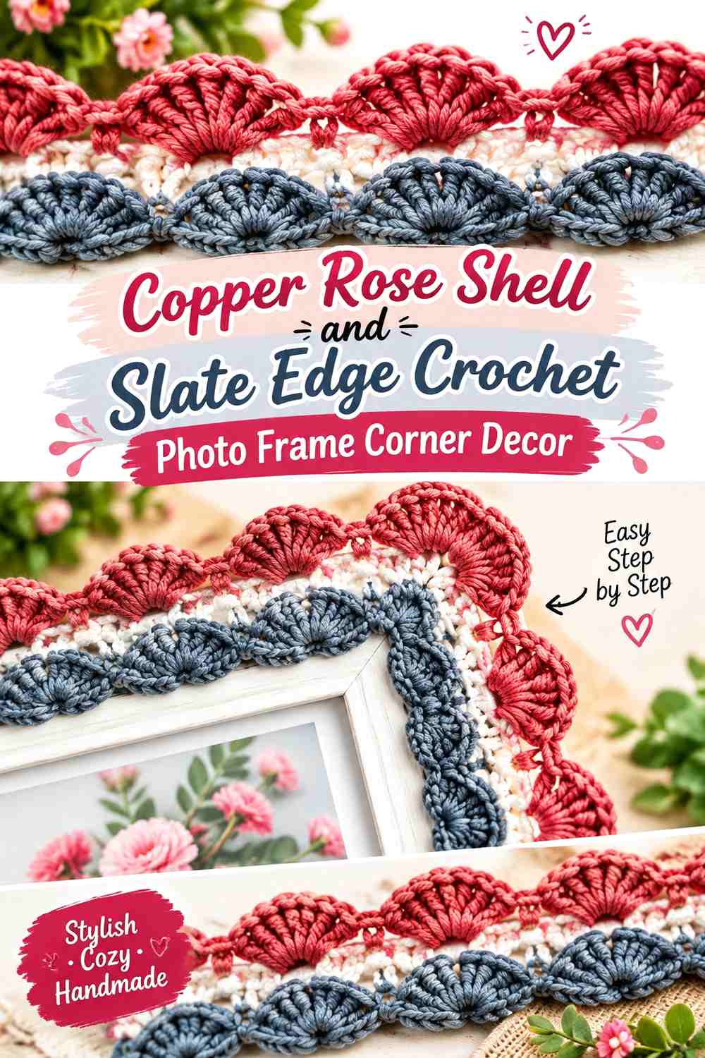 15. Copper Rose Shell And Slate Edge Crochet Photo Frame Corner Decor