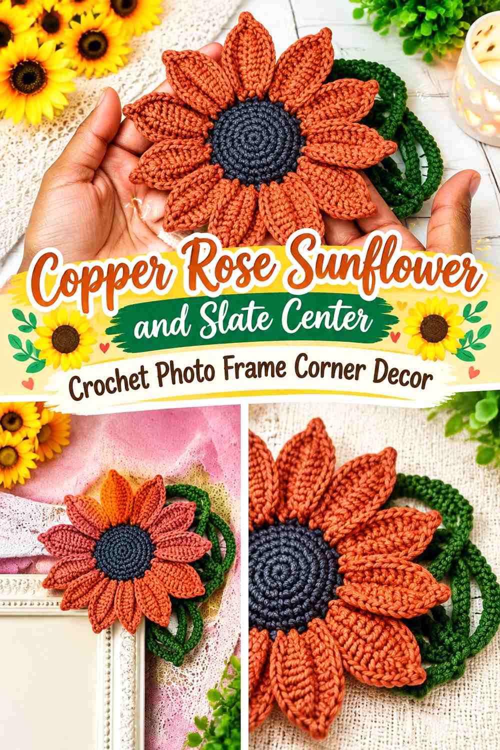 11. Copper Rose Sunflower And Slate Center Crochet Photo Frame Corner Decor