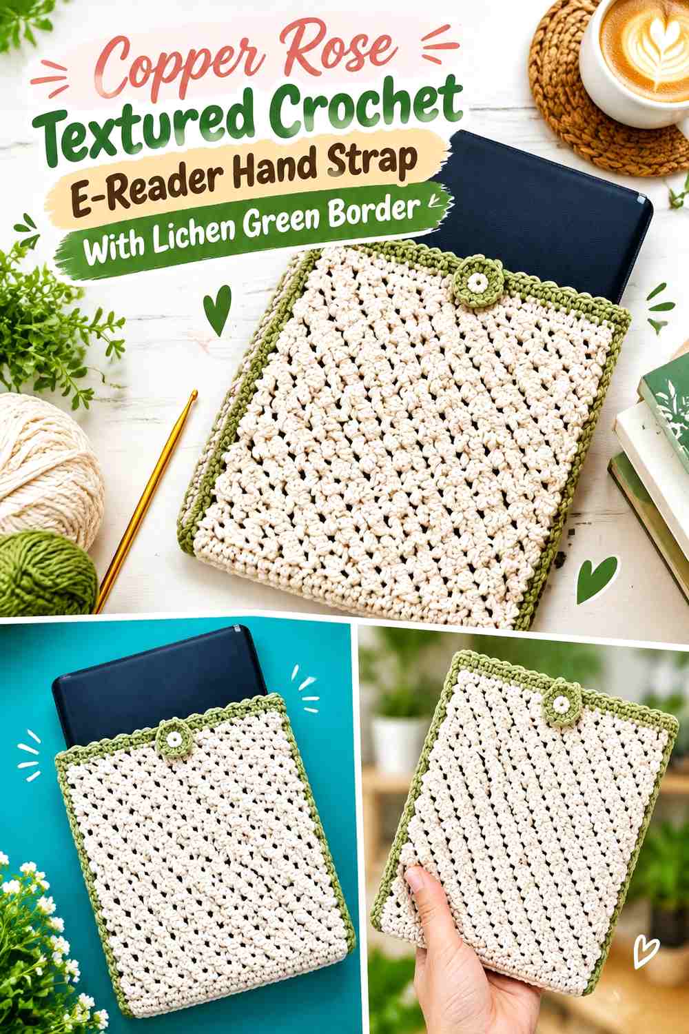 14. Copper Rose Textured Crochet E Reader Hand Strap With Lichen Green Border