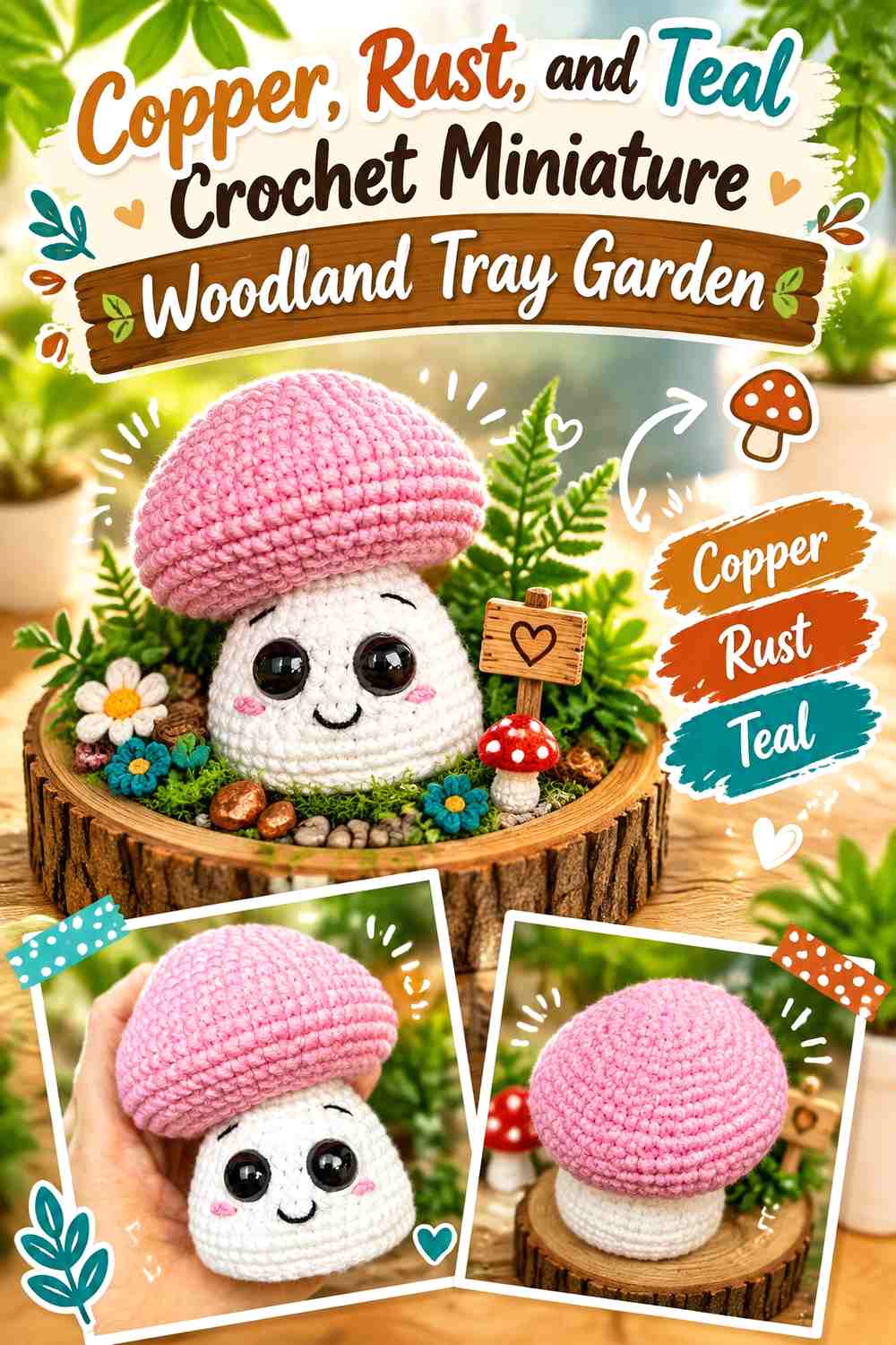 Copper, Rust, and Teal Crochet Miniature Woodland Tray Garden
