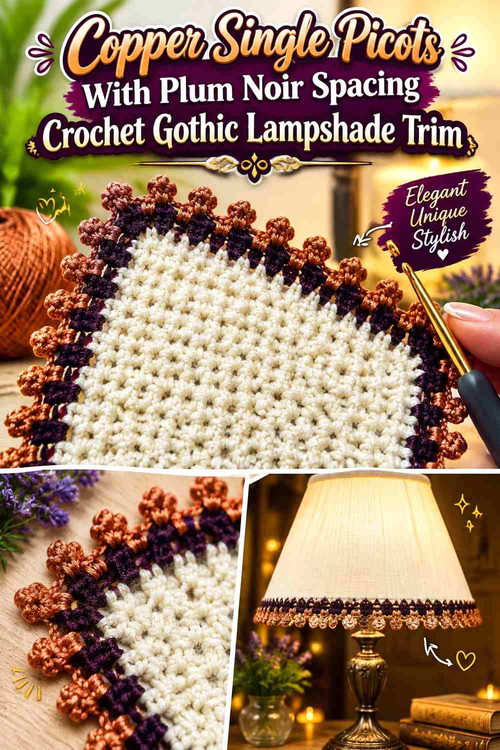 18. Copper Single Picots With Plum Noir Spacing Crochet Gothic Lampshade Trim