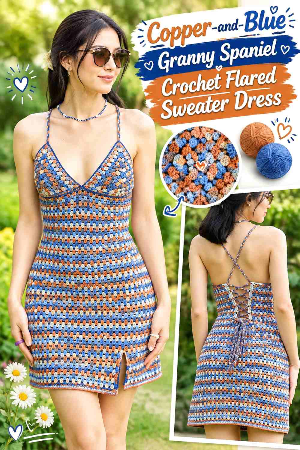 Copper-and-Blue Granny Spaniel Crochet Flared Sweater Dress