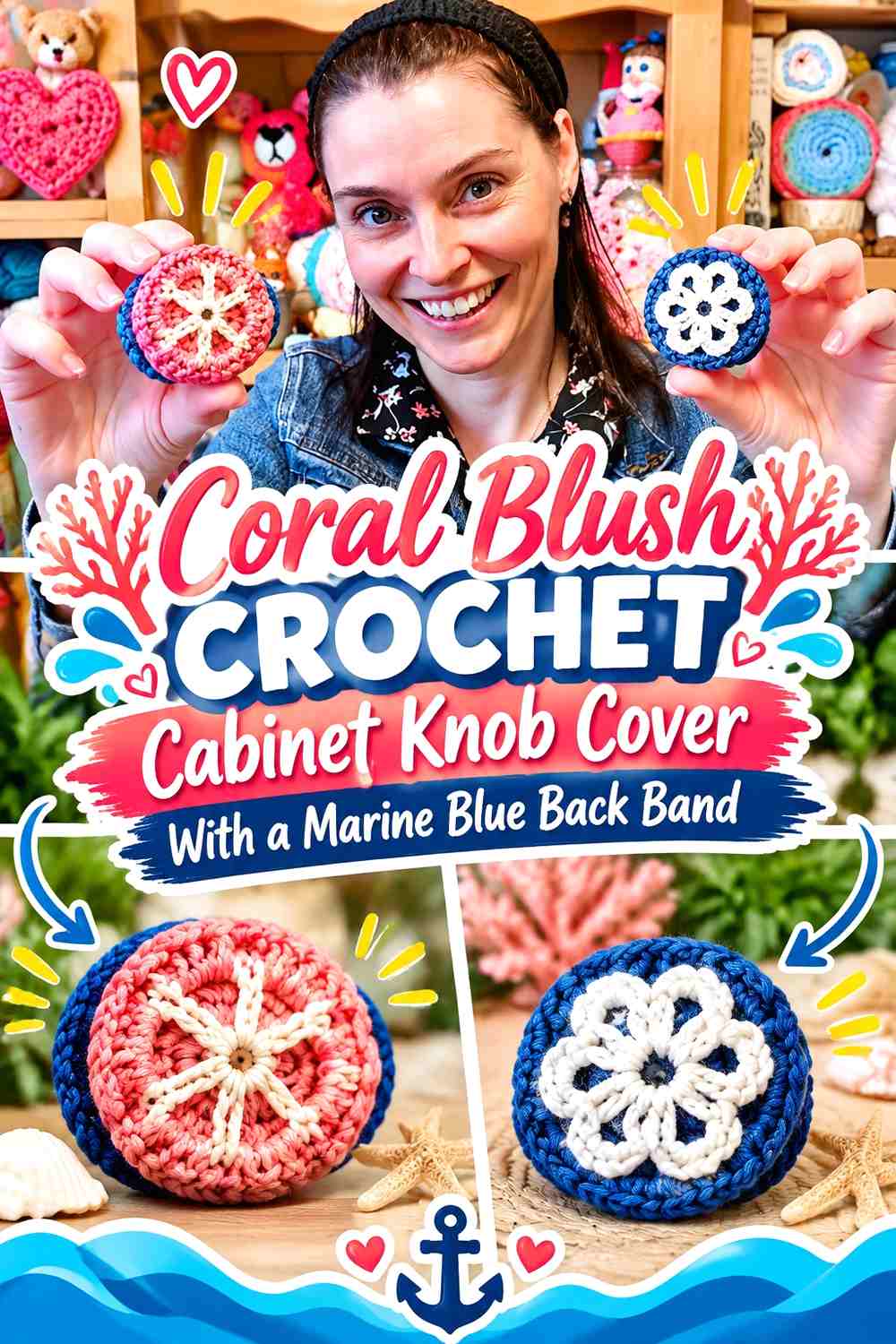 Coral Blush Crochet Cabinet Knob Cover With a Marine Blue Back Band
