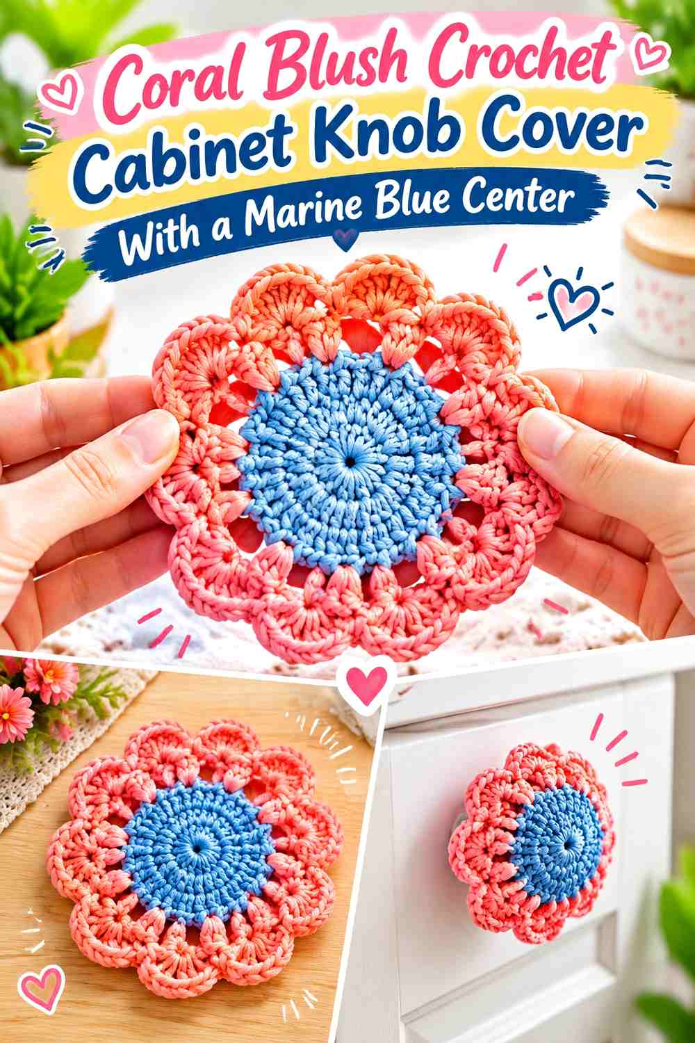 Coral Blush Crochet Cabinet Knob Cover With a Marine Blue Center