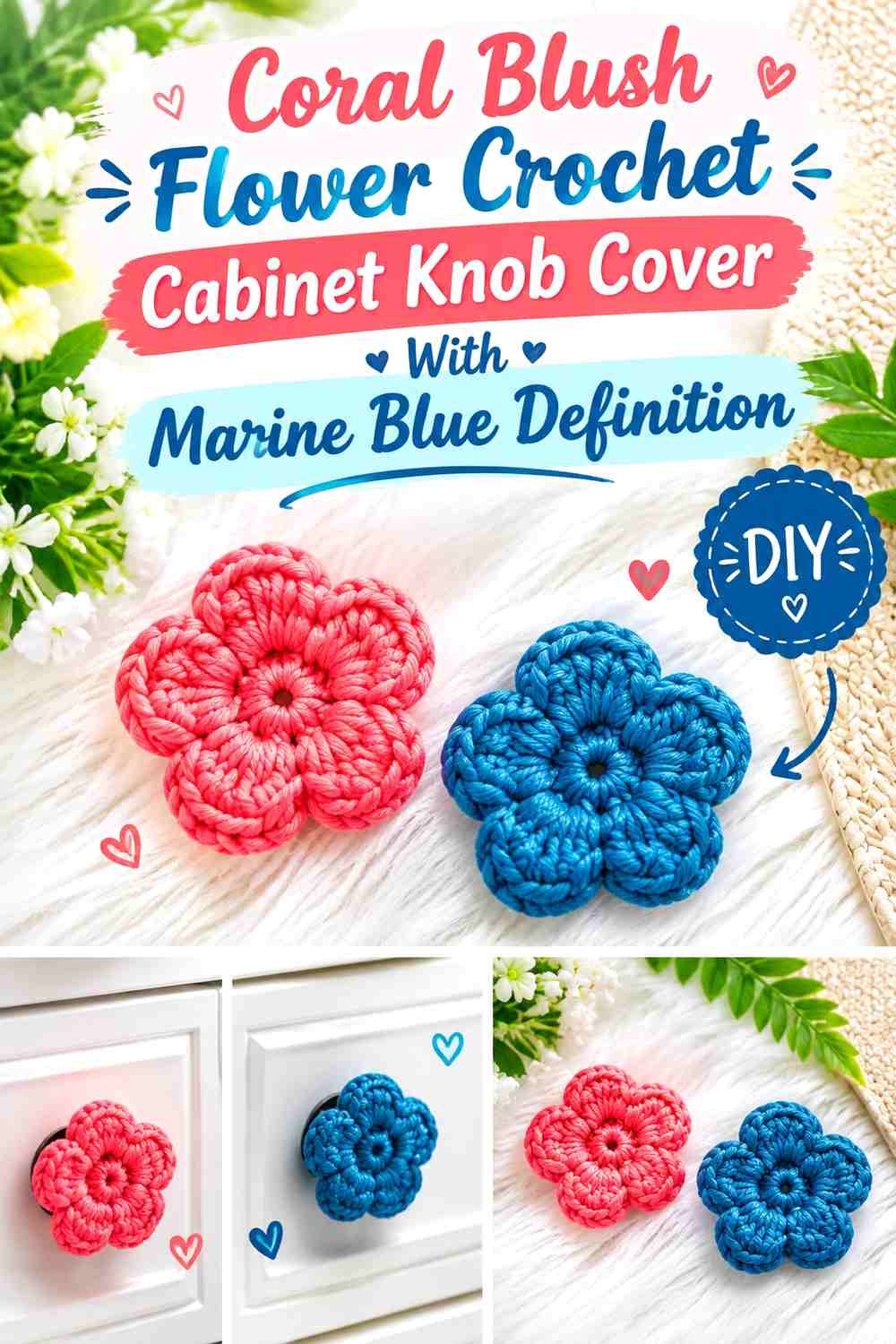 Coral Blush Flower Crochet Cabinet Knob Cover With Marine Blue Definition