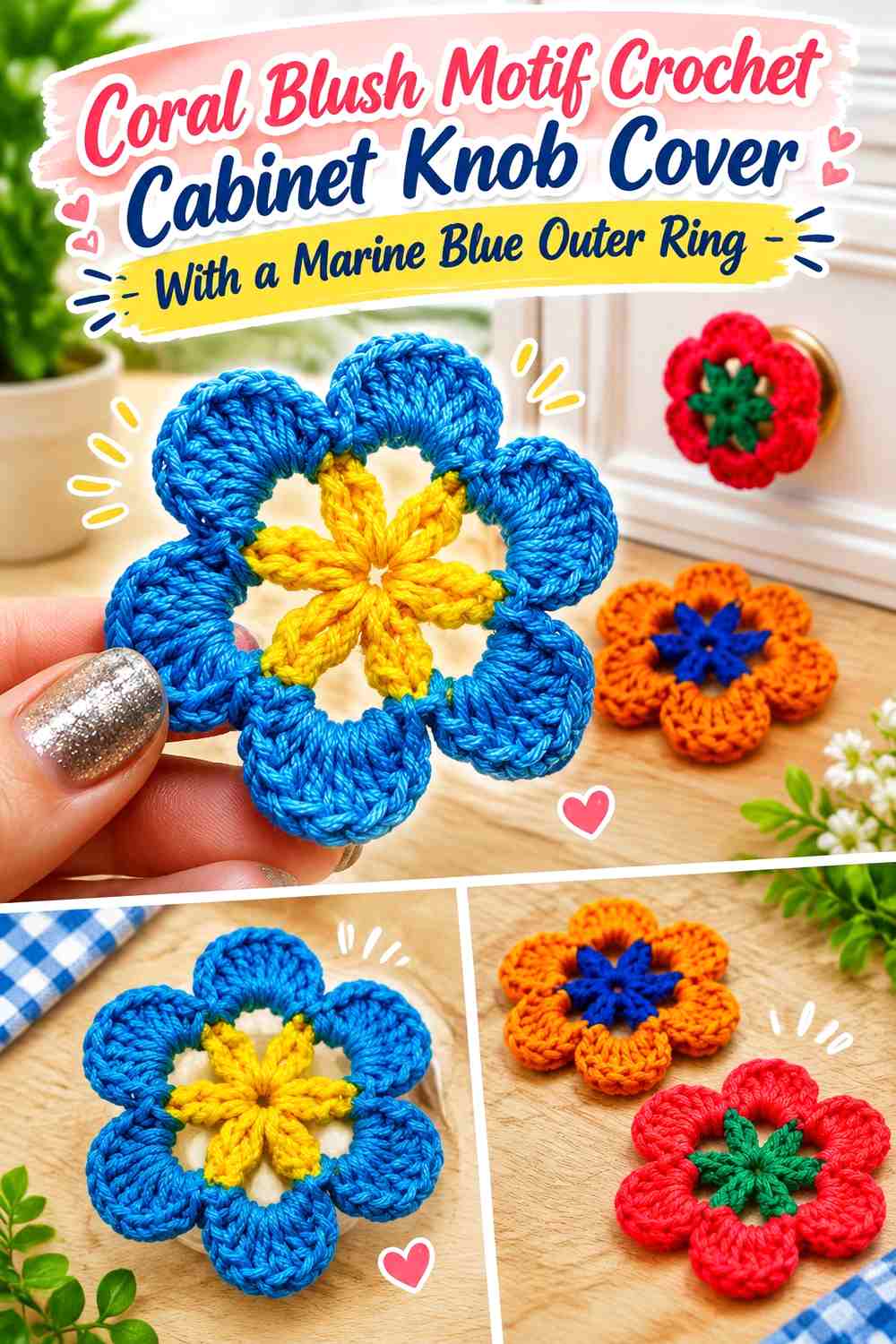 Coral Blush Motif Crochet Cabinet Knob Cover With a Marine Blue Outer Ring
