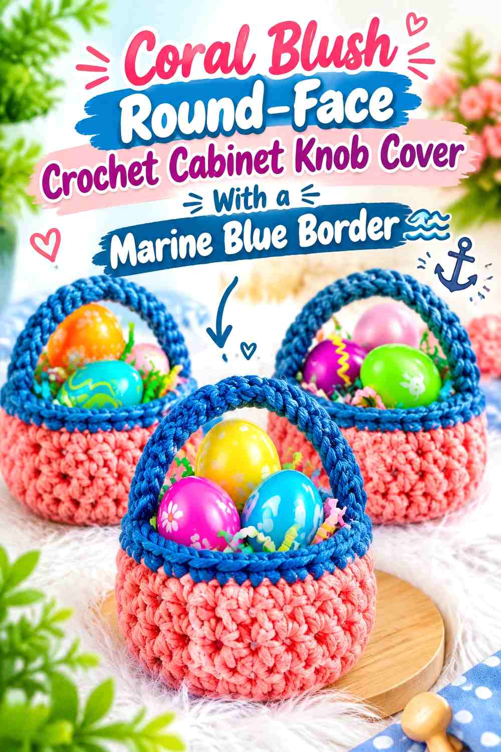 Coral Blush Round-Face Crochet Cabinet Knob Cover With a Marine Blue Border