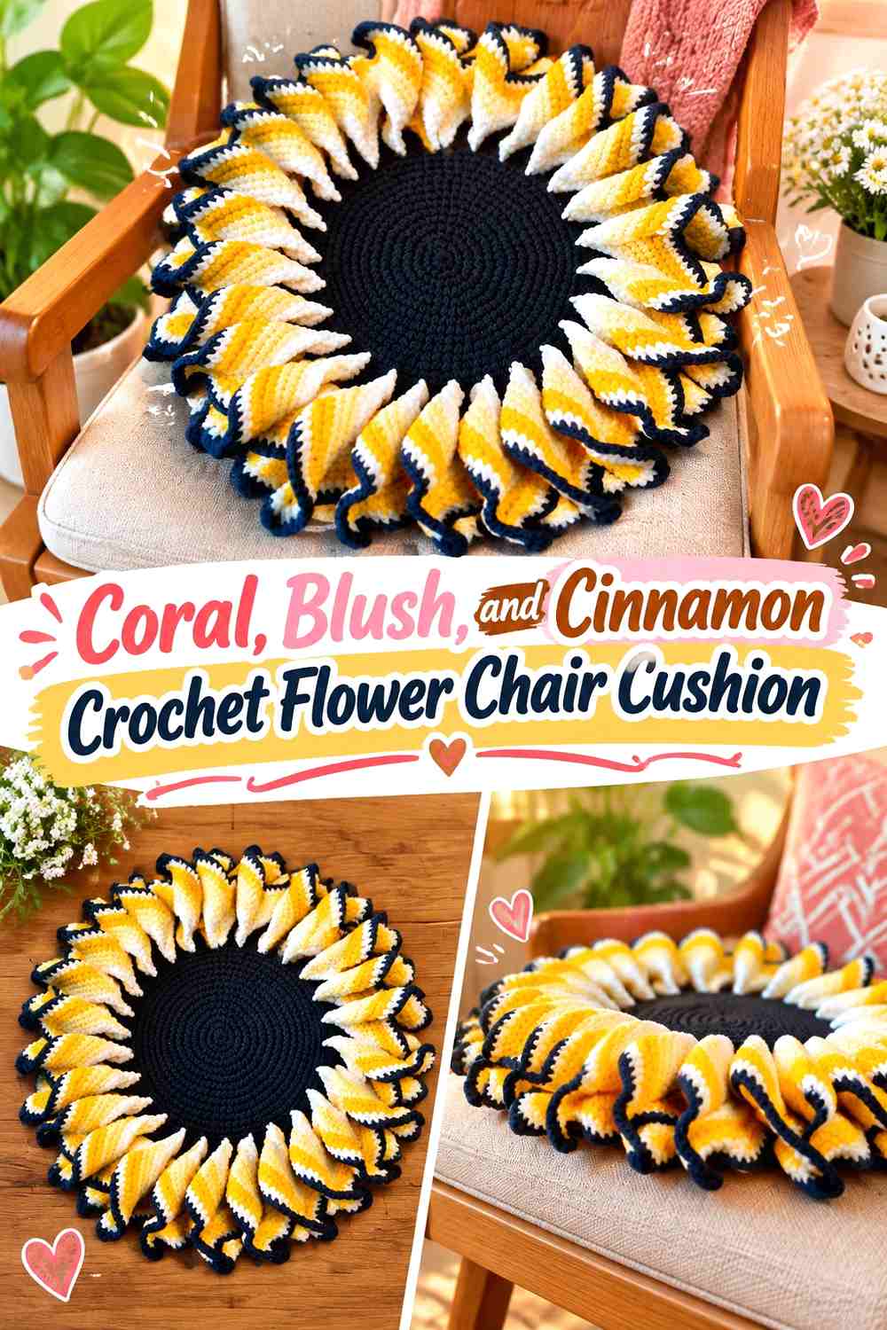 Coral, Blush, and Cinnamon Crochet Flower Chair Cushion