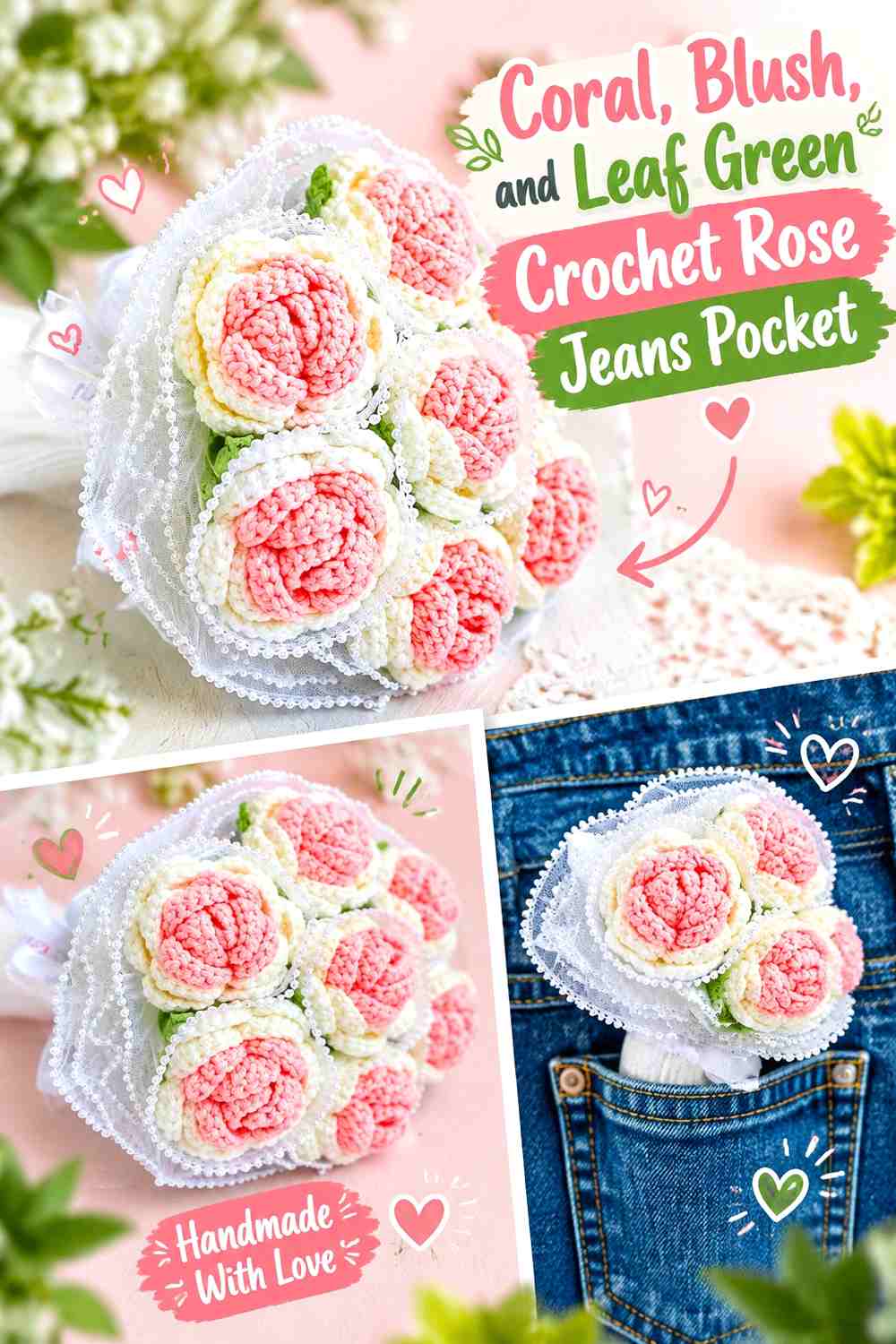 Coral, Blush, and Leaf Green Crochet Rose Jeans Pocket