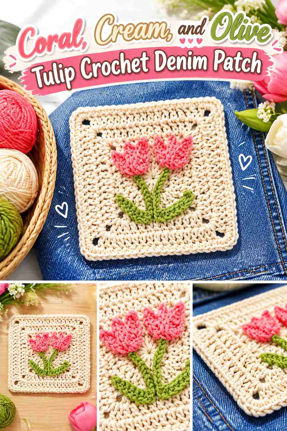Coral, Cream, and Olive Tulip Crochet Denim Patch