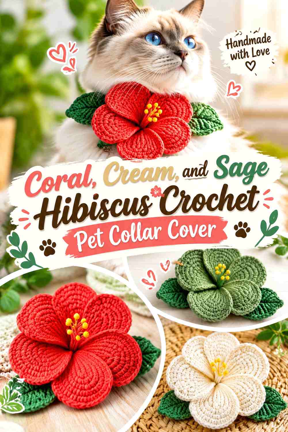 Coral, Cream, and Sage Hibiscus Crochet Pet Collar Cover