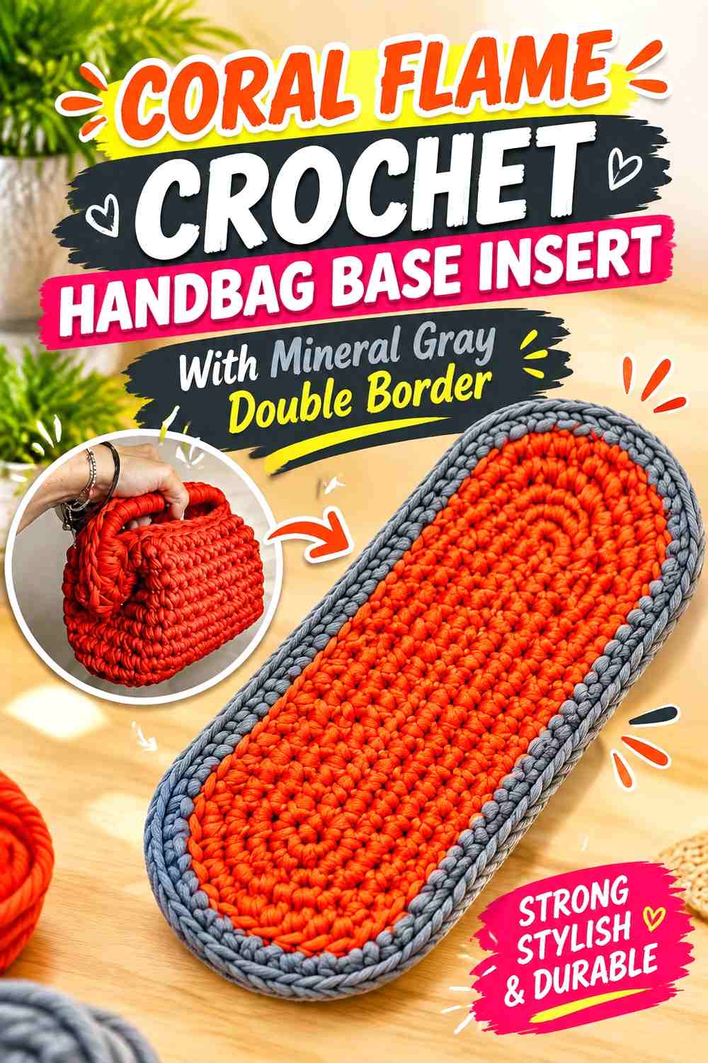 Coral Flame Crochet Handbag Base Insert With Mineral Gray Double Border