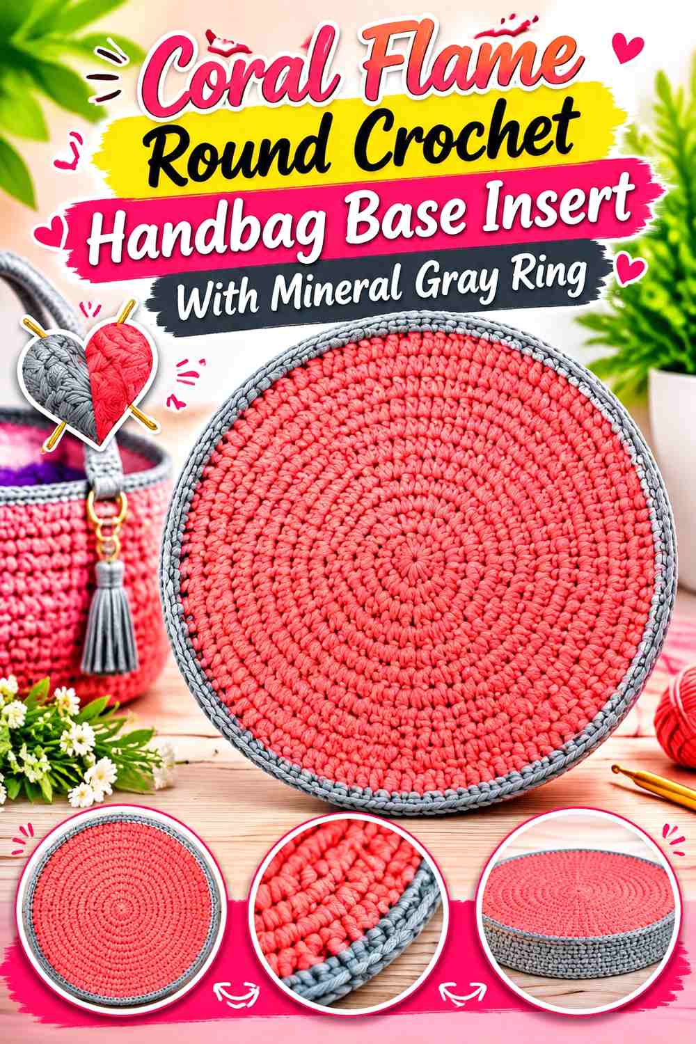 Coral Flame Round Crochet Handbag Base Insert With Mineral Gray Ring