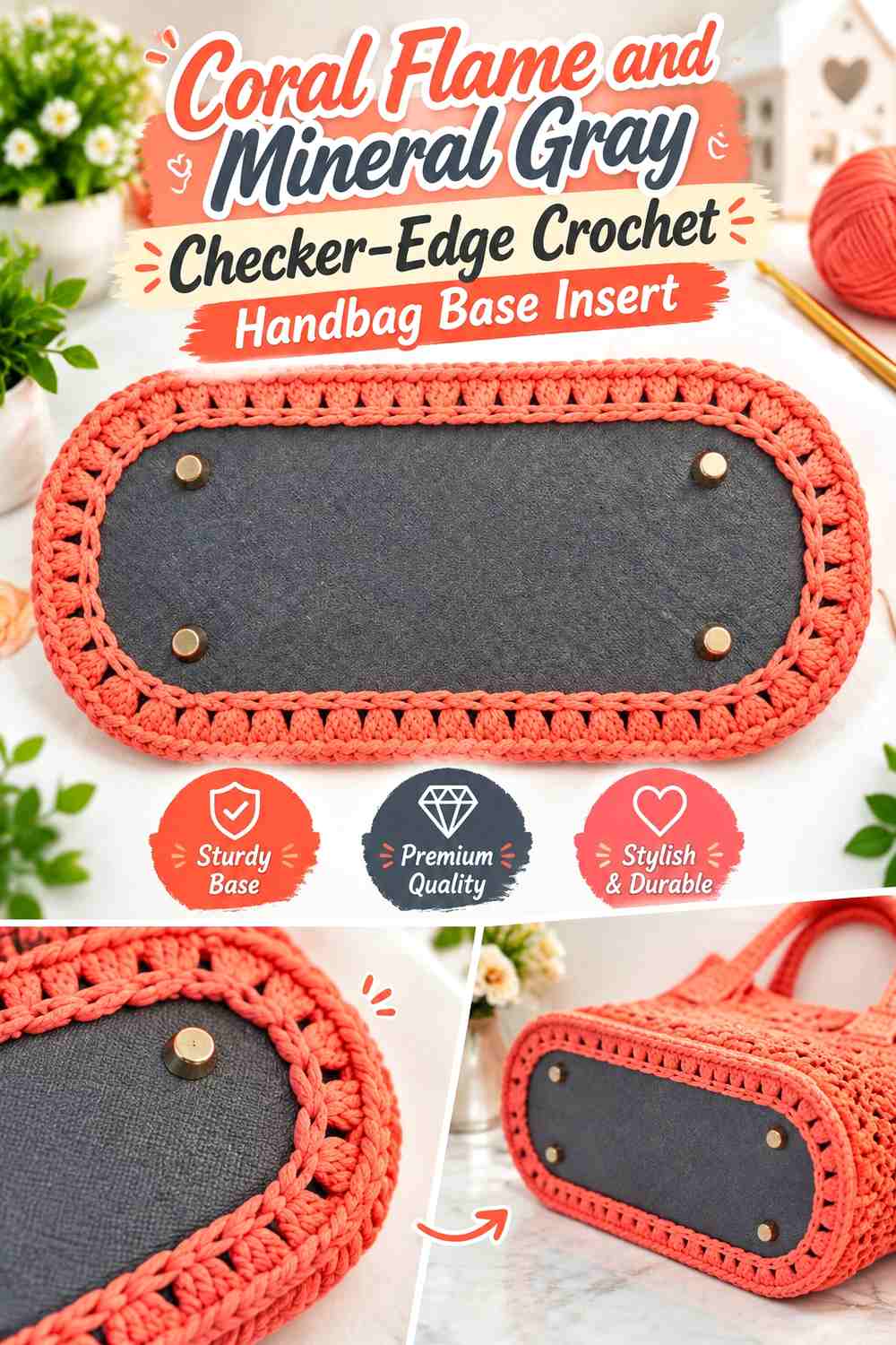 Coral Flame and Mineral Gray Checker Edge Crochet Handbag Base Insert
