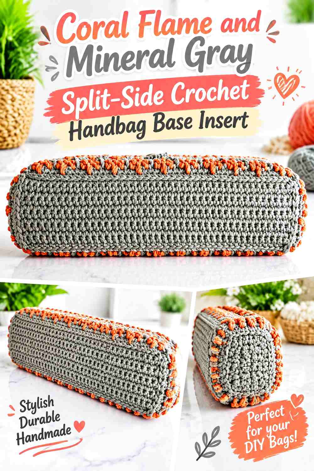 Coral Flame and Mineral Gray Split Side Crochet Handbag Base Insert