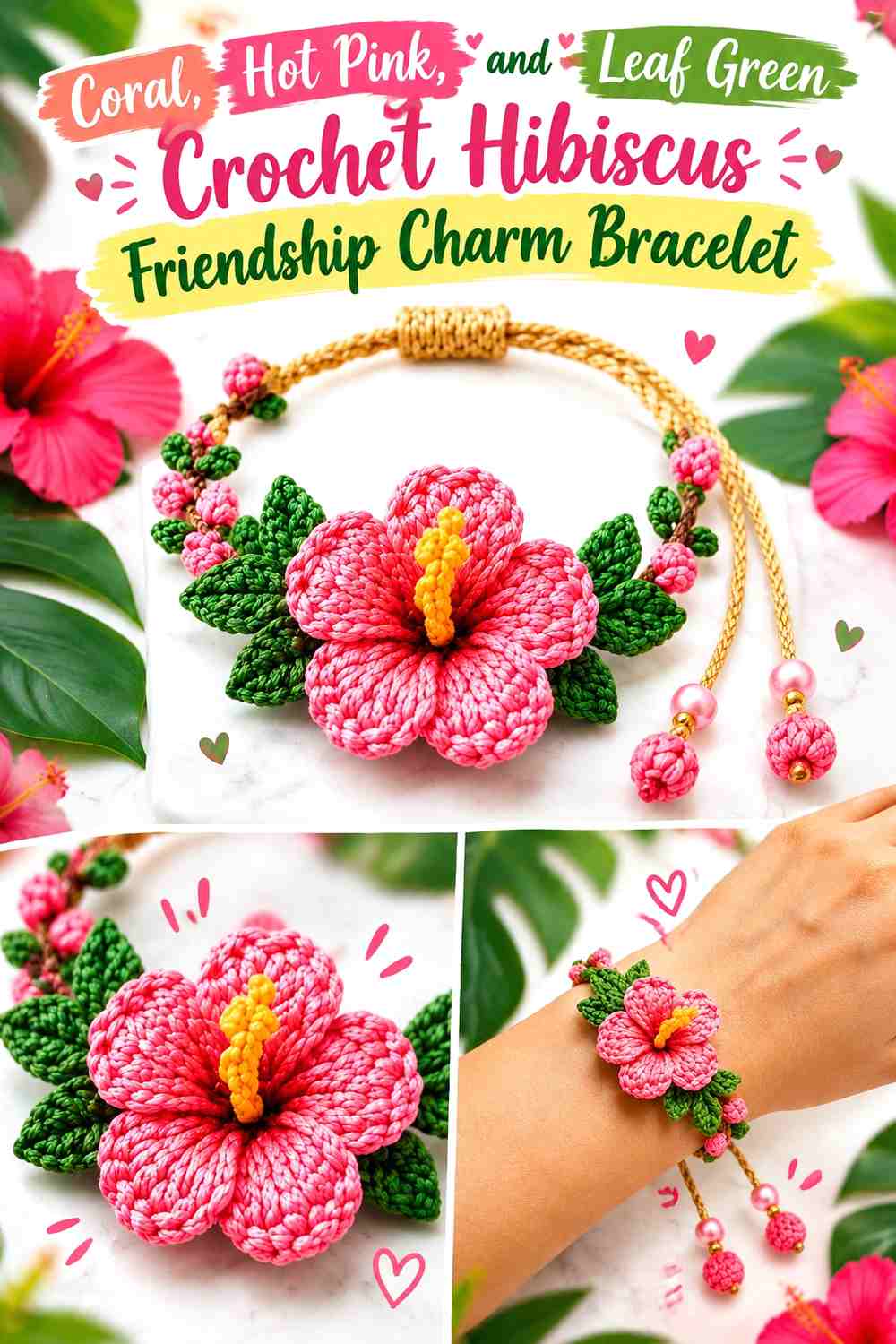 Coral, Hot Pink, and Leaf Green Crochet Hibiscus Friendship Charm Bracelet