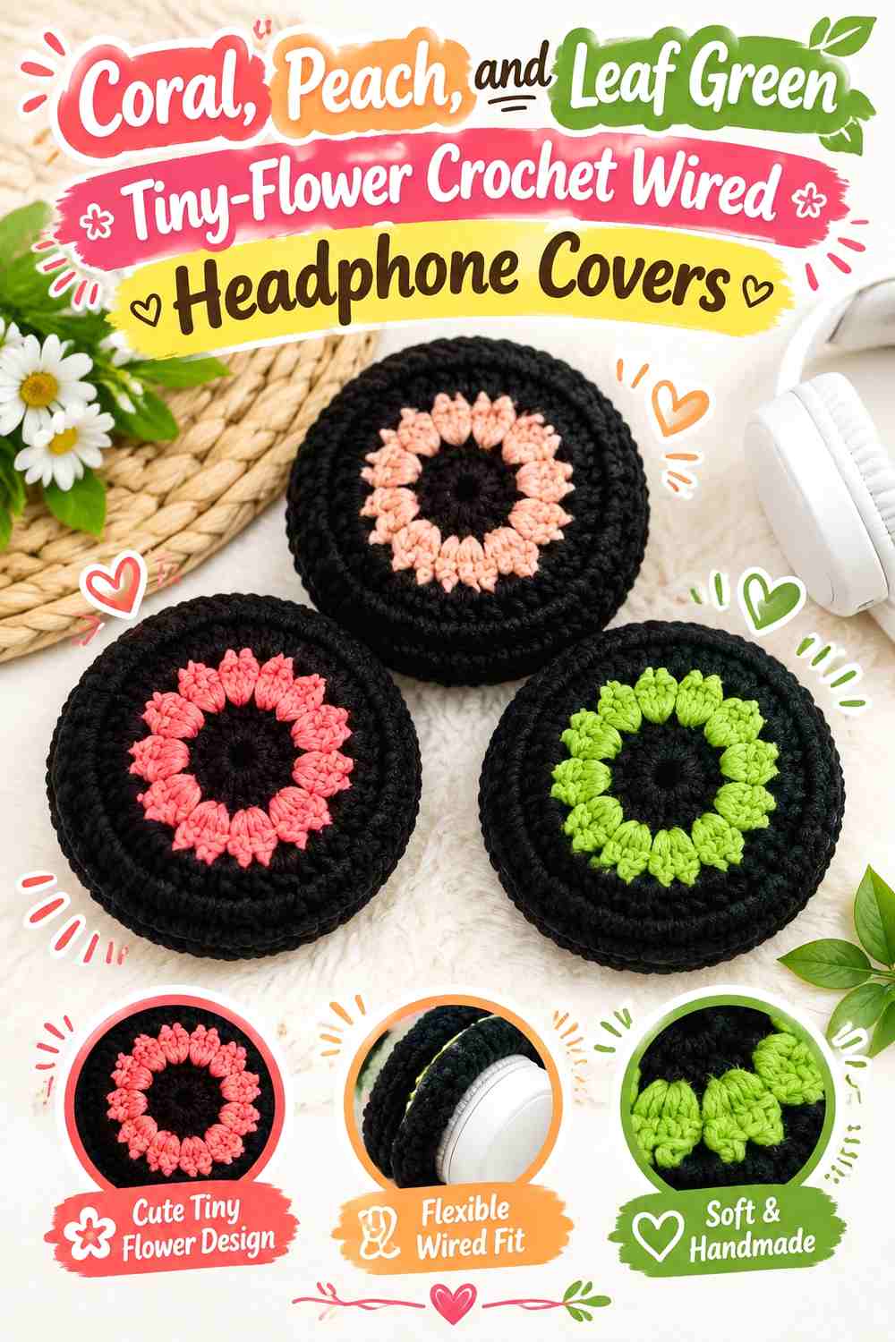 Coral, Peach, and Leaf Green Tiny-Flower Crochet Wired Headphone Covers