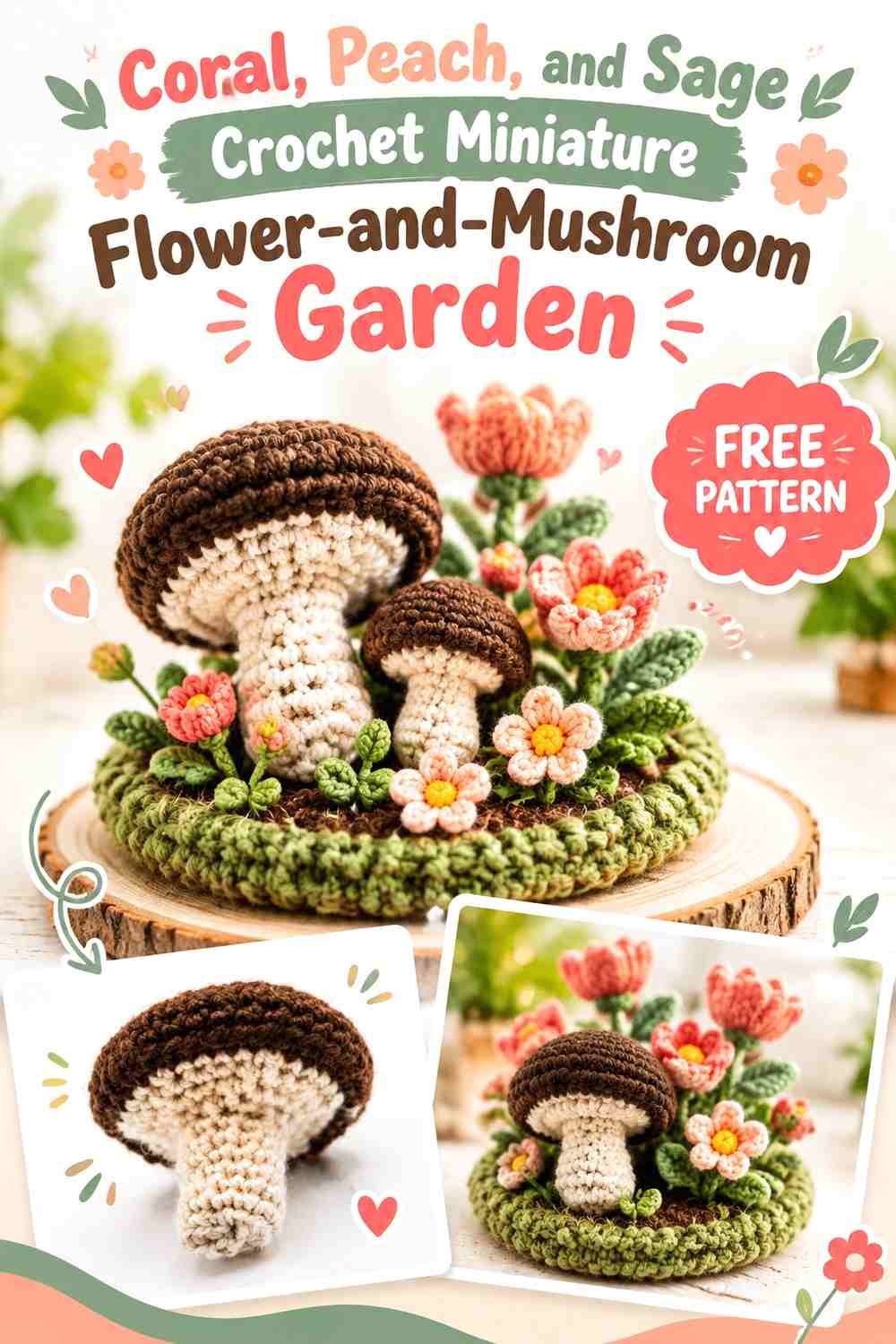 Coral, Peach, and Sage Crochet Miniature Flower-and-Mushroom Garden