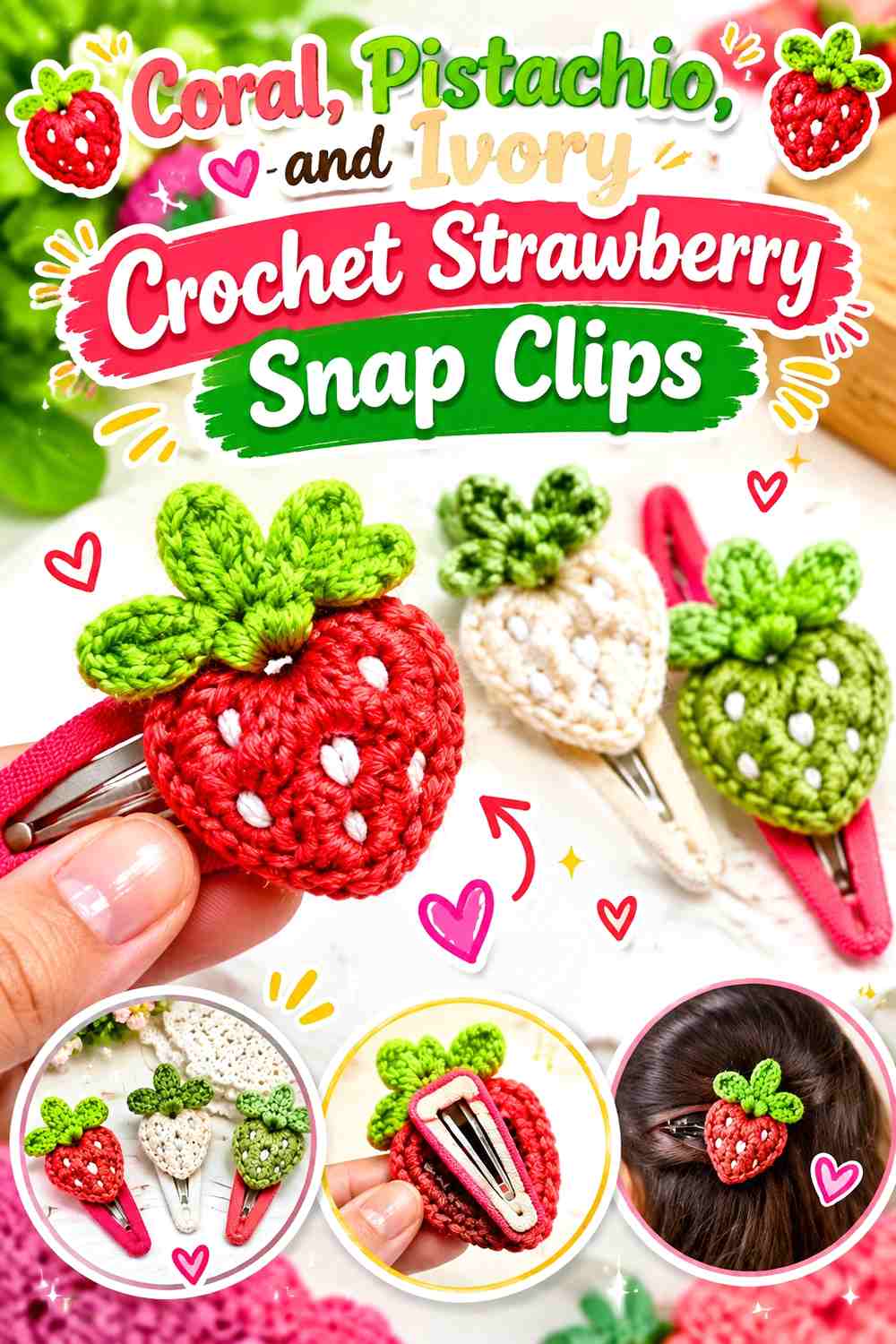 Coral, Pistachio, and Ivory Crochet Strawberry Snap Clips