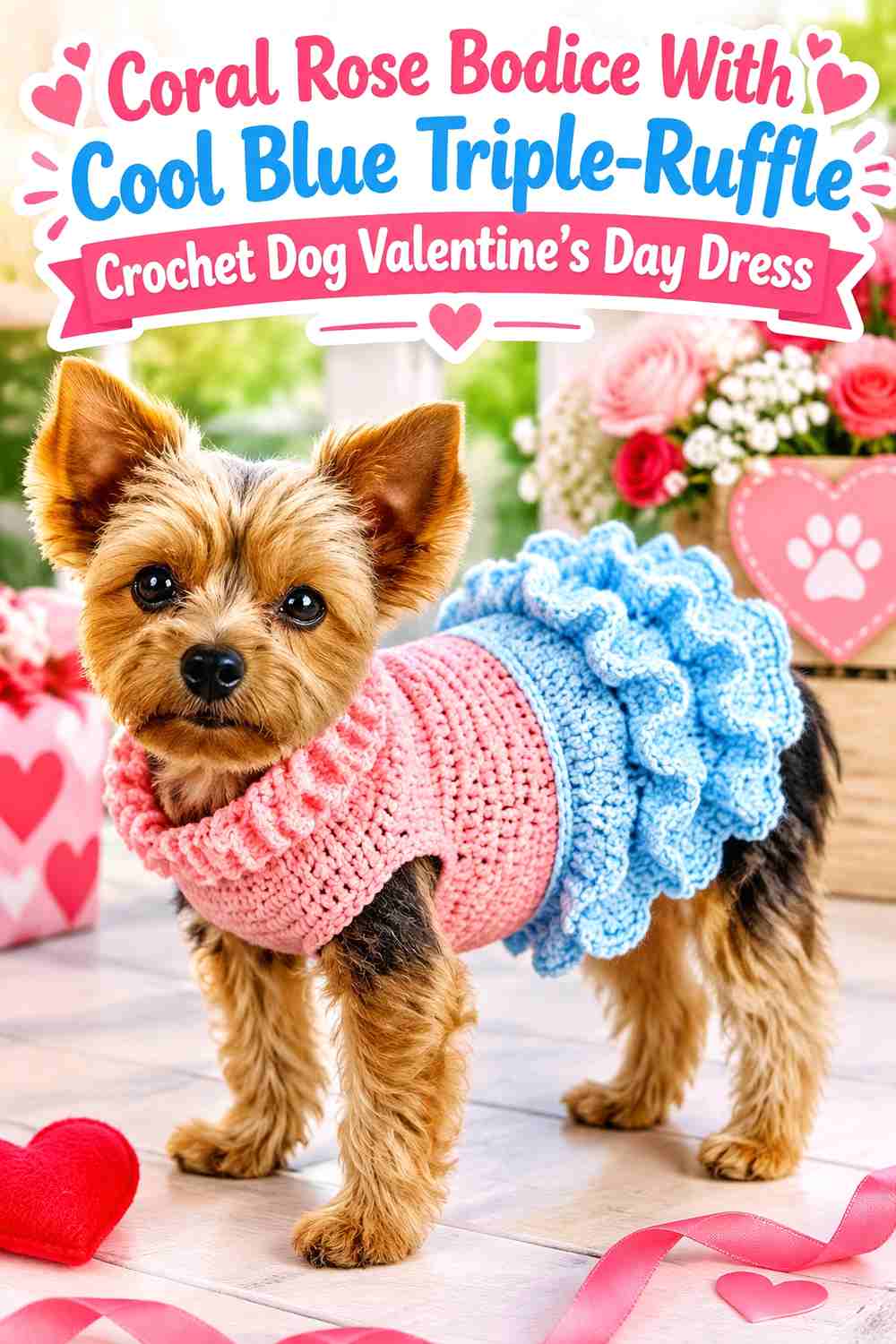 Coral Rose Bodice With Cool Blue Triple-Ruffle Crochet Dog Valentine's Day Dress