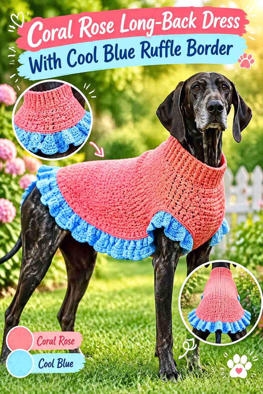Coral Rose Long-Back Dress With Cool Blue Ruffle Border