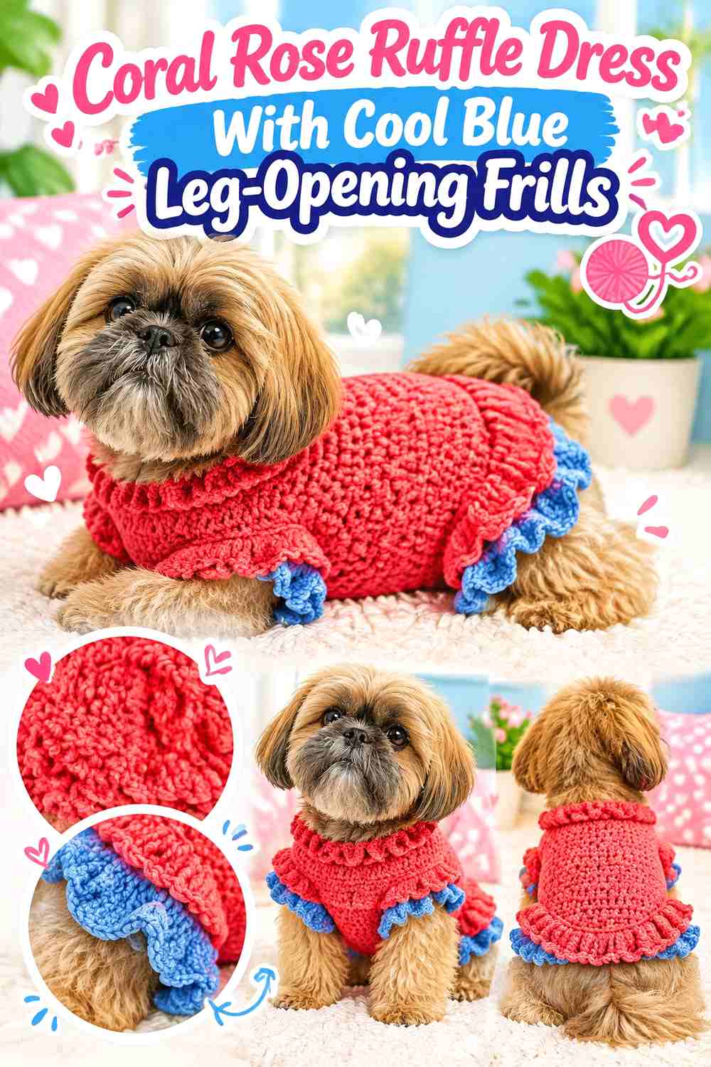Coral Rose Ruffle Dress With Cool Blue Leg-Opening Frills
