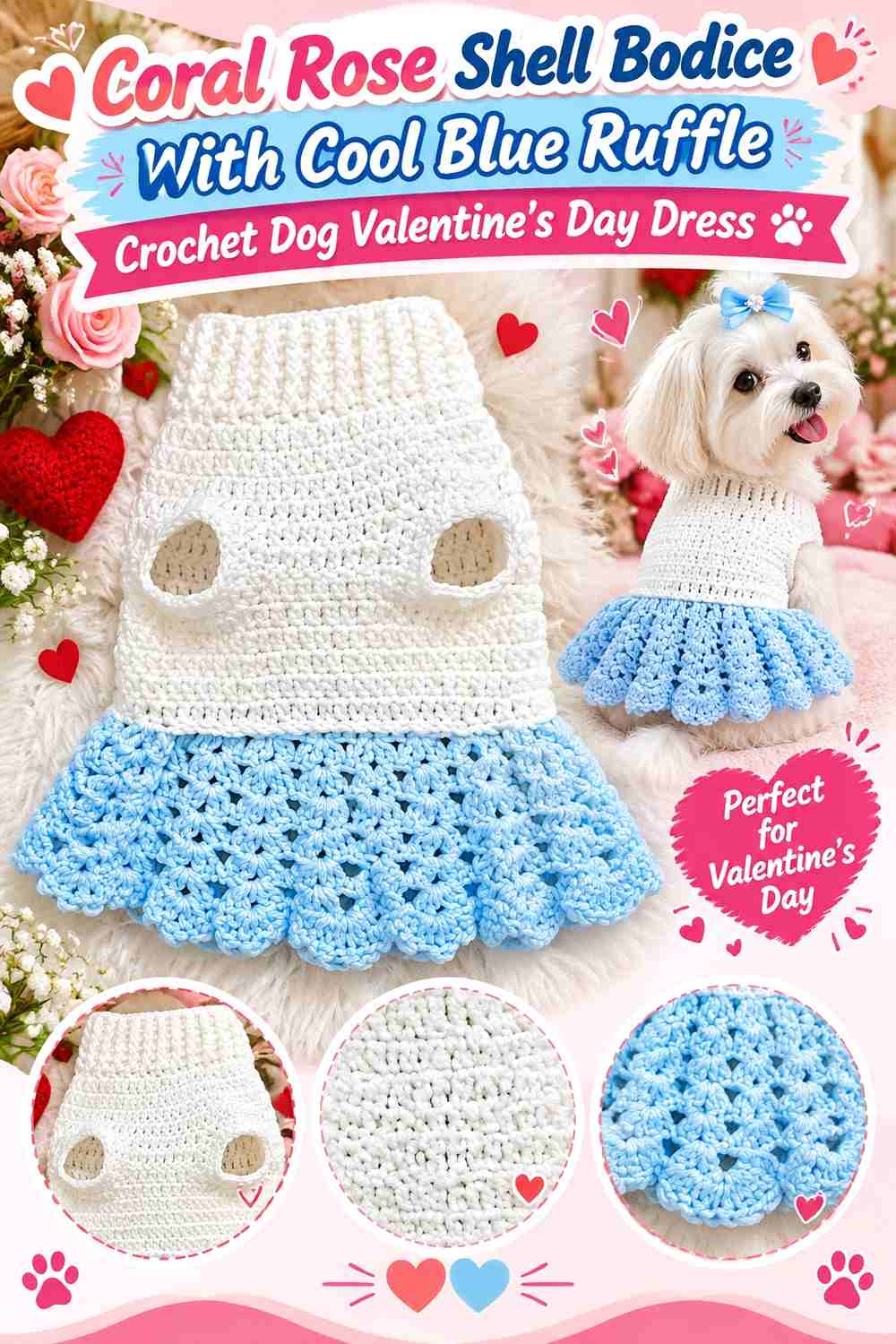 Coral Rose Shell Bodice With Cool Blue Ruffle Crochet Dog Valentine's Day Dress