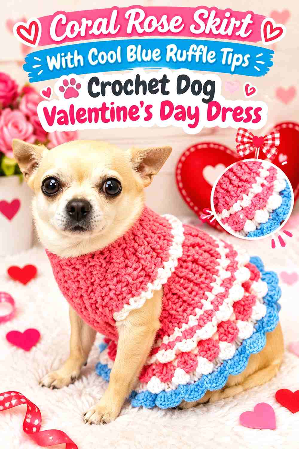 Coral Rose Skirt With Cool Blue Ruffle Tips Crochet Dog Valentine's Day Dress