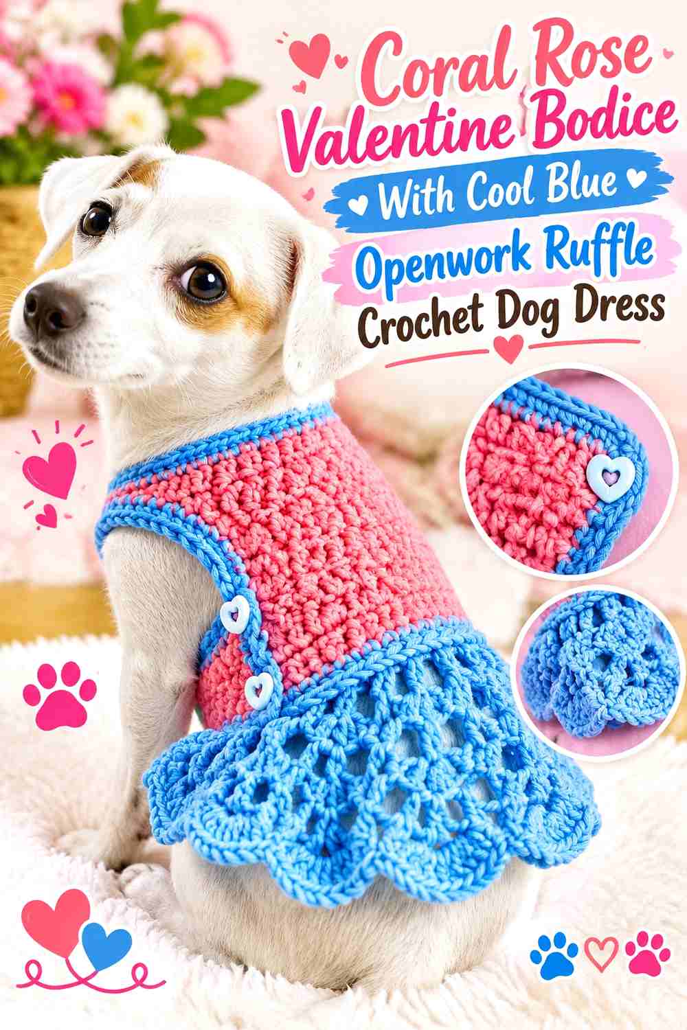 Coral Rose Valentine Bodice With Cool Blue Openwork Ruffle Crochet Dog Dress