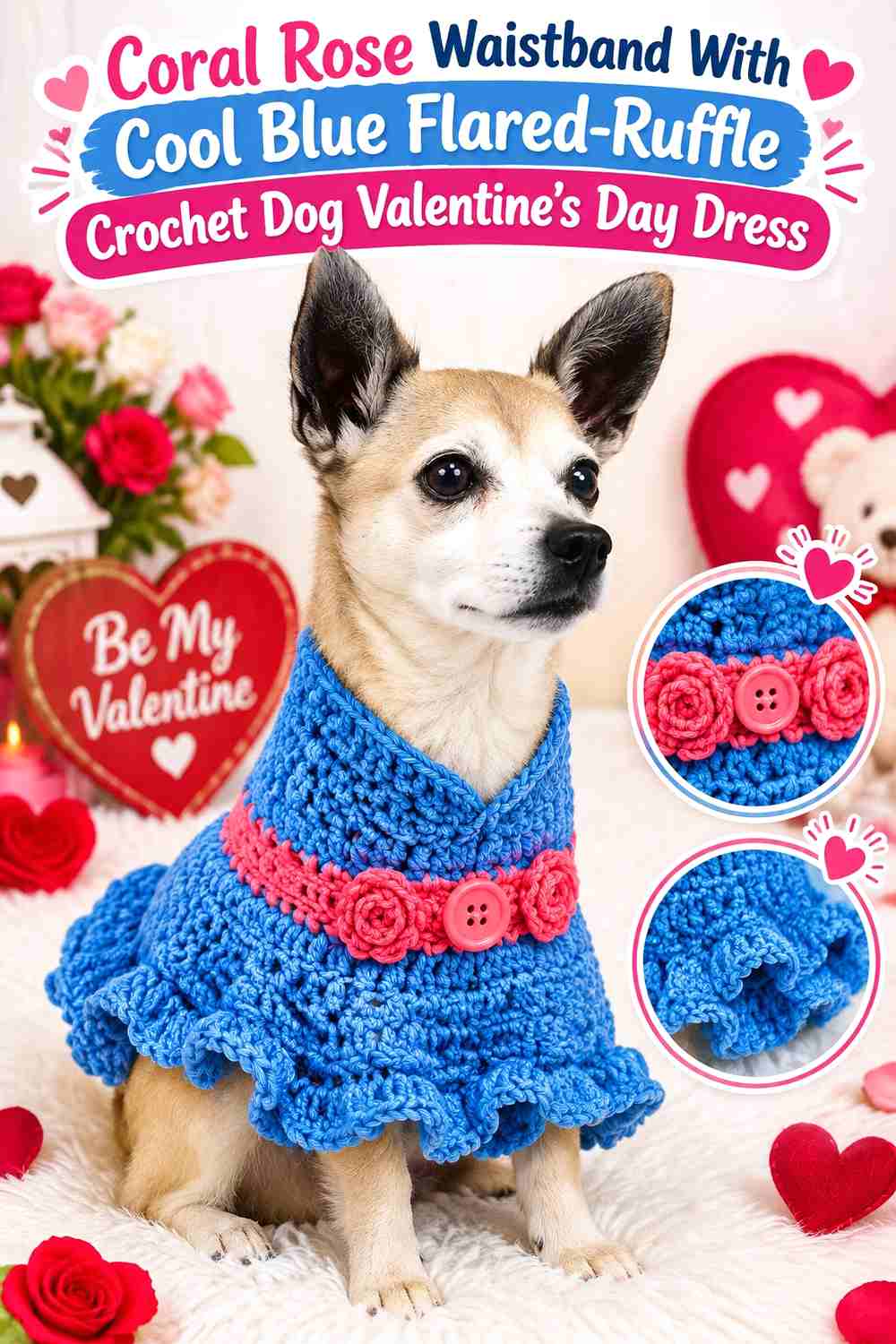 Coral Rose Waistband With Cool Blue Flared-Ruffle Crochet Dog Valentine's Day Dress