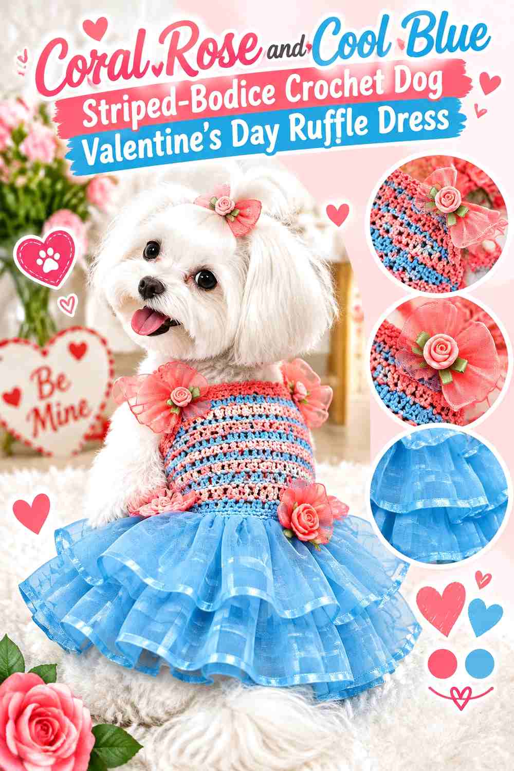 Coral Rose and Cool Blue Striped-Bodice Crochet Dog Valentine's Day Ruffle Dress