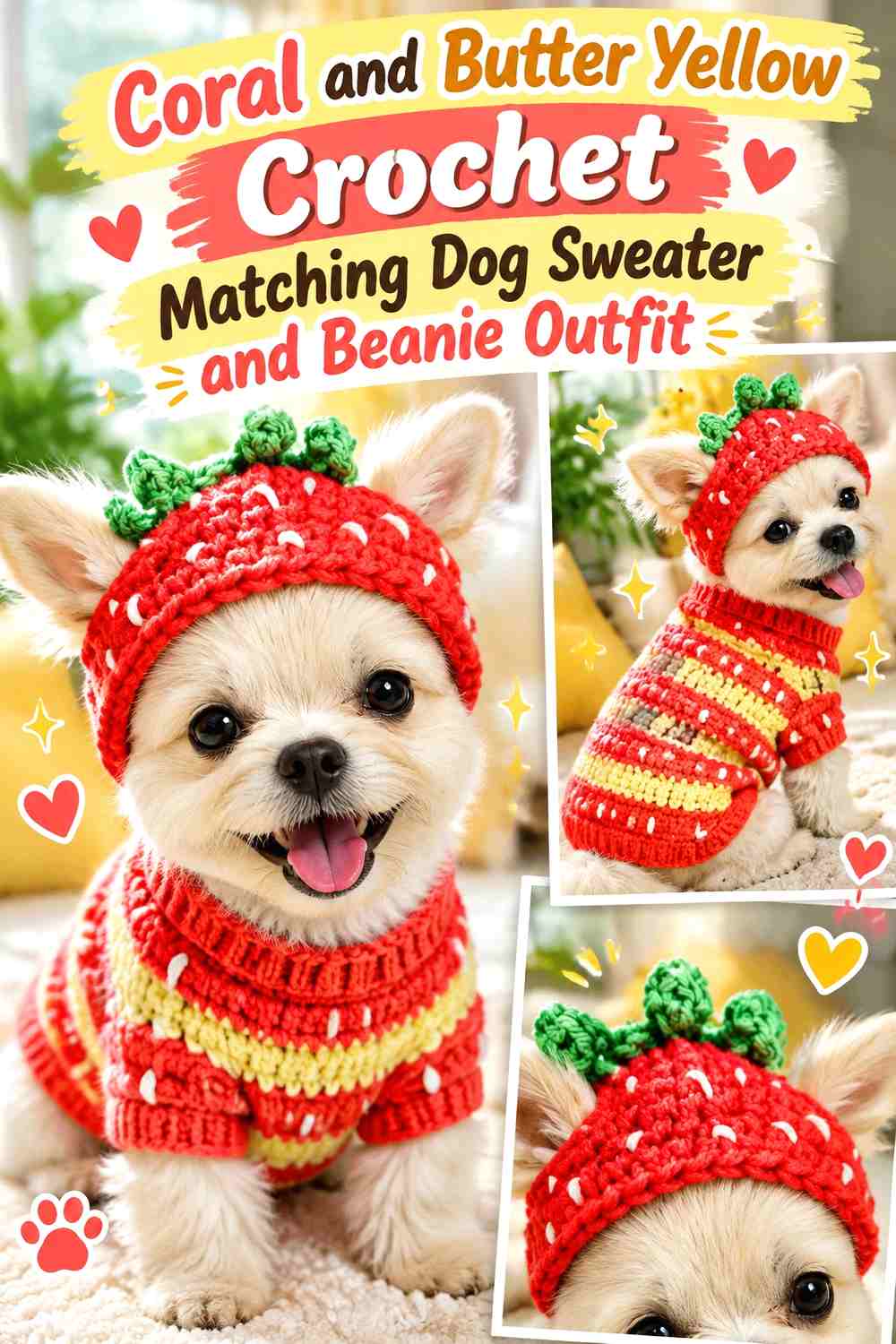 Coral and Butter Yellow Crochet Matching Dog Sweater and Beanie Outfit