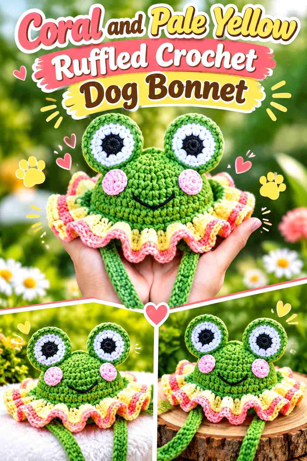 Coral and Pale Yellow Ruffled Crochet Dog Bonnet