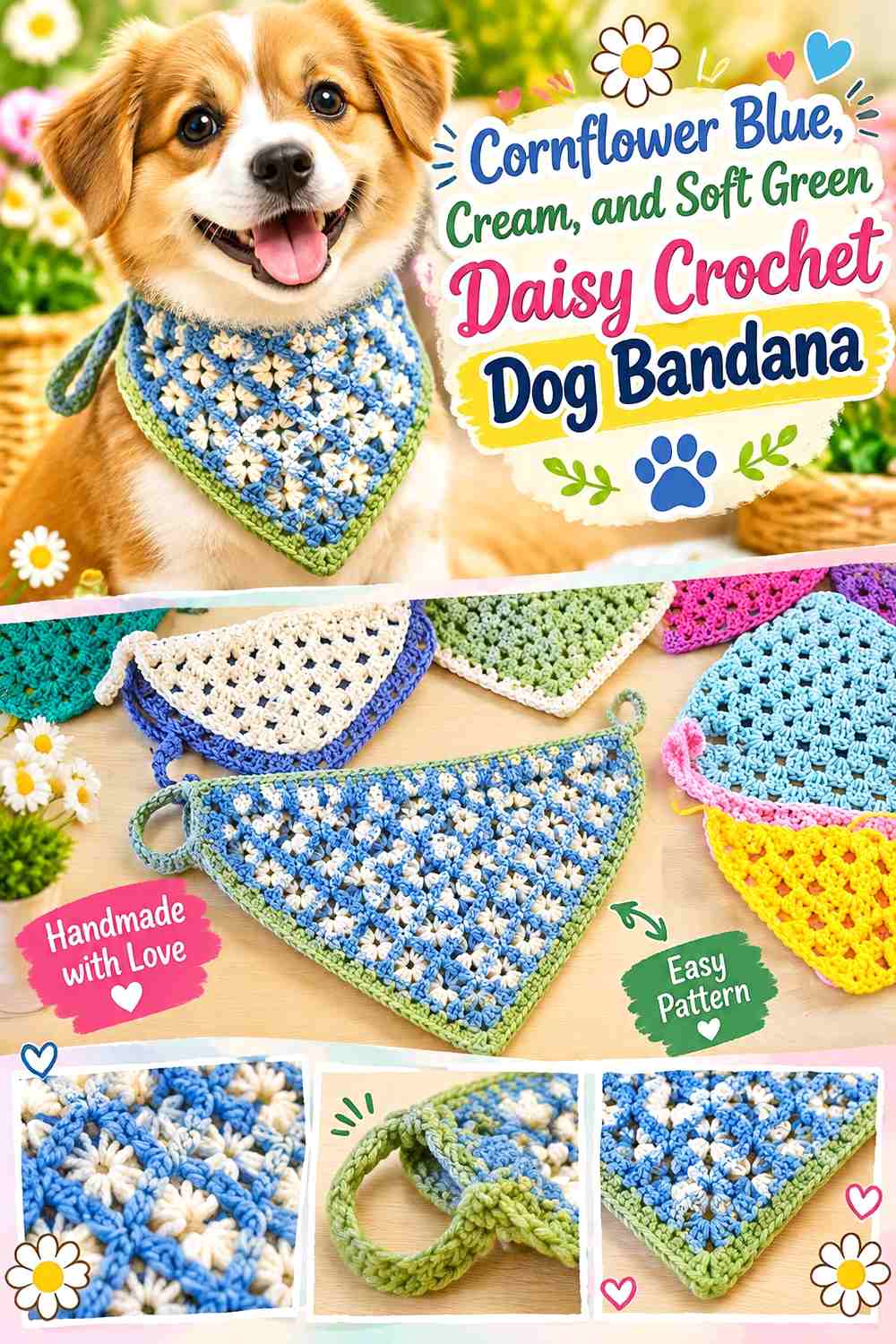 Cornflower Blue, Cream, and Soft Green Daisy Crochet Dog Bandana