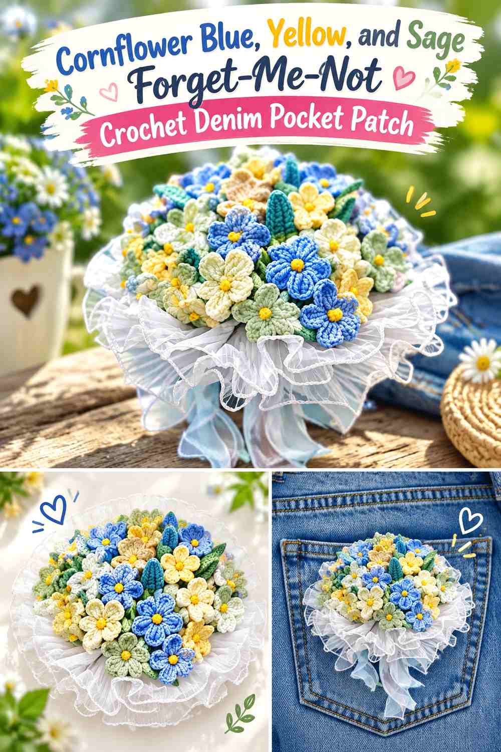 Cornflower Blue, Yellow, and Sage Forget-Me-Not Crochet Denim Pocket Patch
