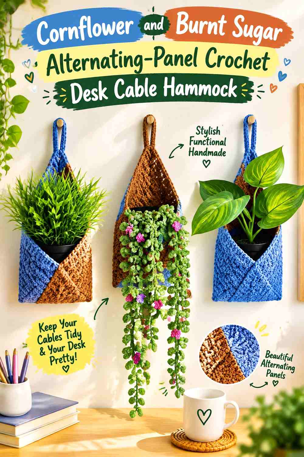 Cornflower and Burnt Sugar Alternating Panel Crochet Desk Cable Hammock