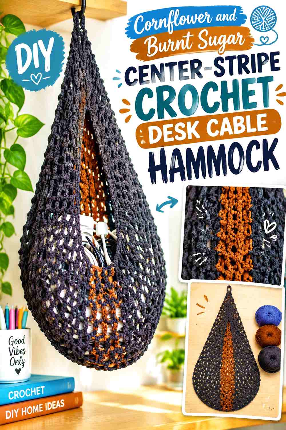 Cornflower and Burnt Sugar Center Stripe Crochet Desk Cable Hammock