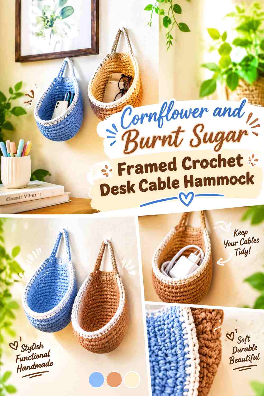 Cornflower and Burnt Sugar Framed Crochet Desk Cable Hammock