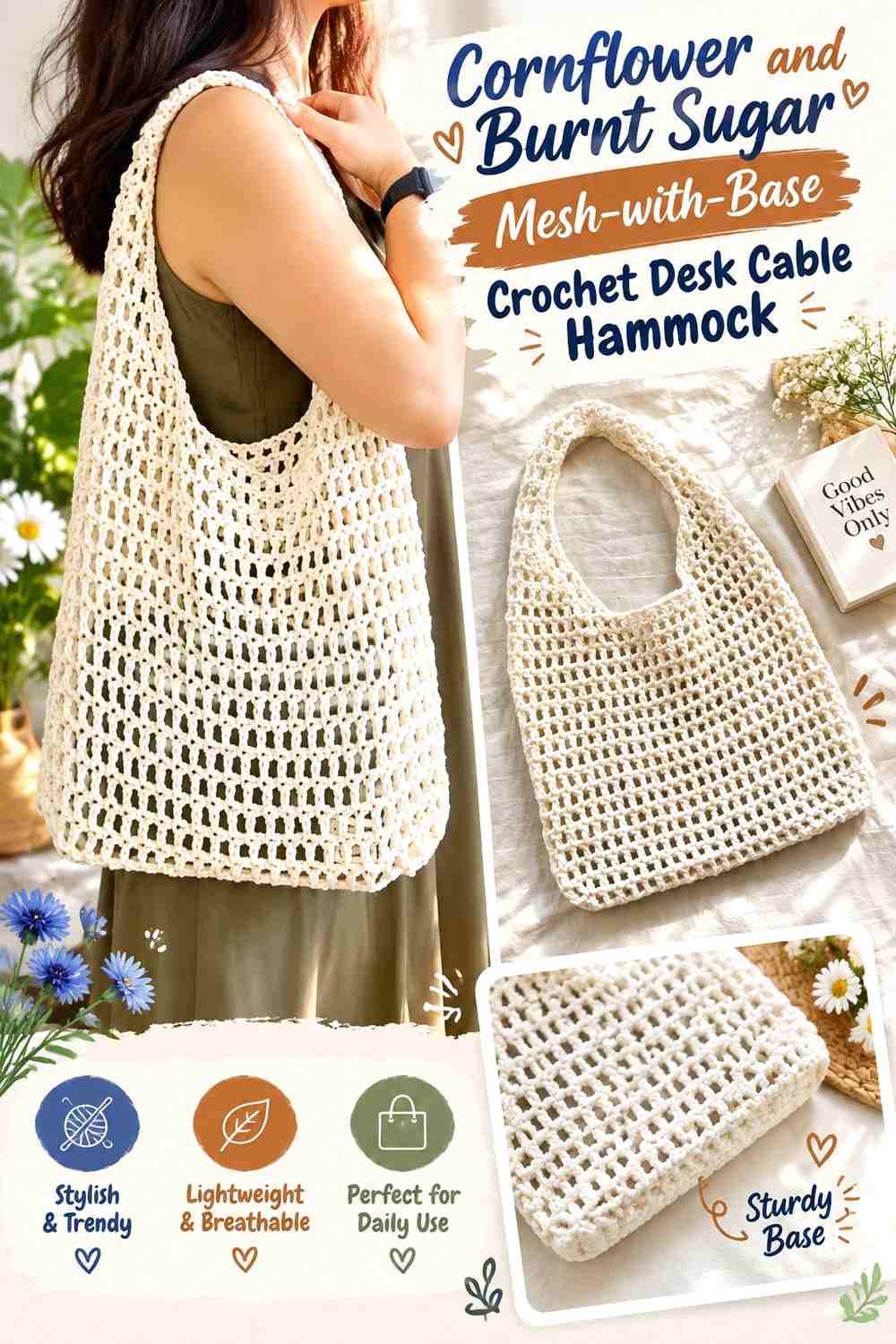 Cornflower and Burnt Sugar Mesh with Base Crochet Desk Cable Hammock