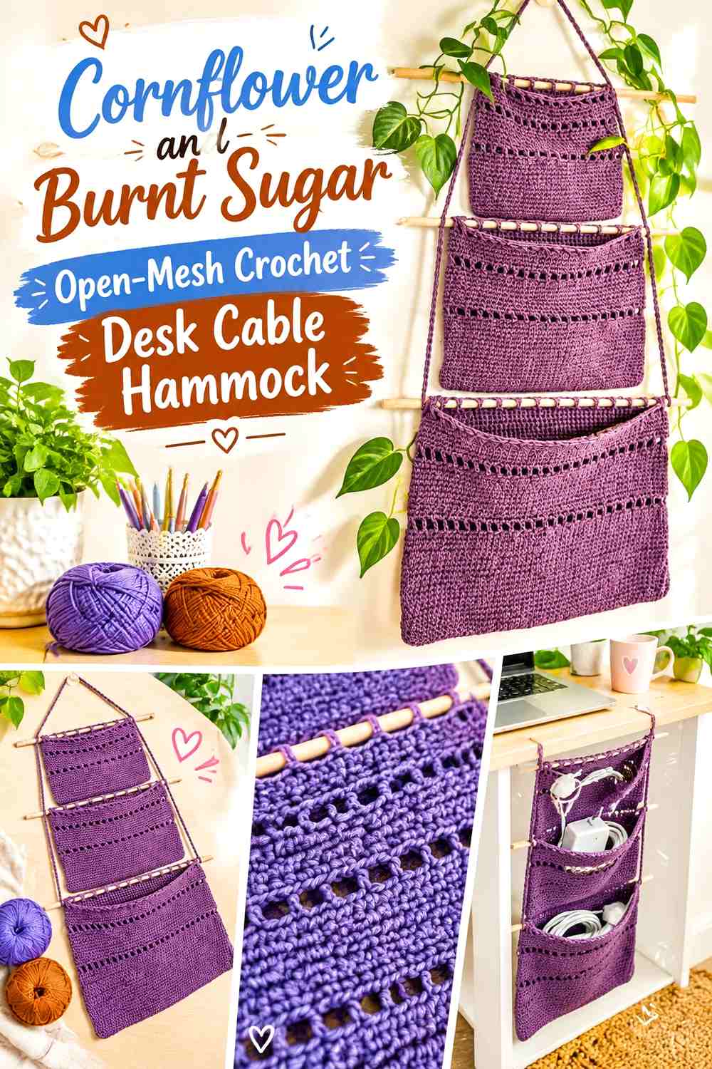 Cornflower and Burnt Sugar Open Mesh Crochet Desk Cable Hammock