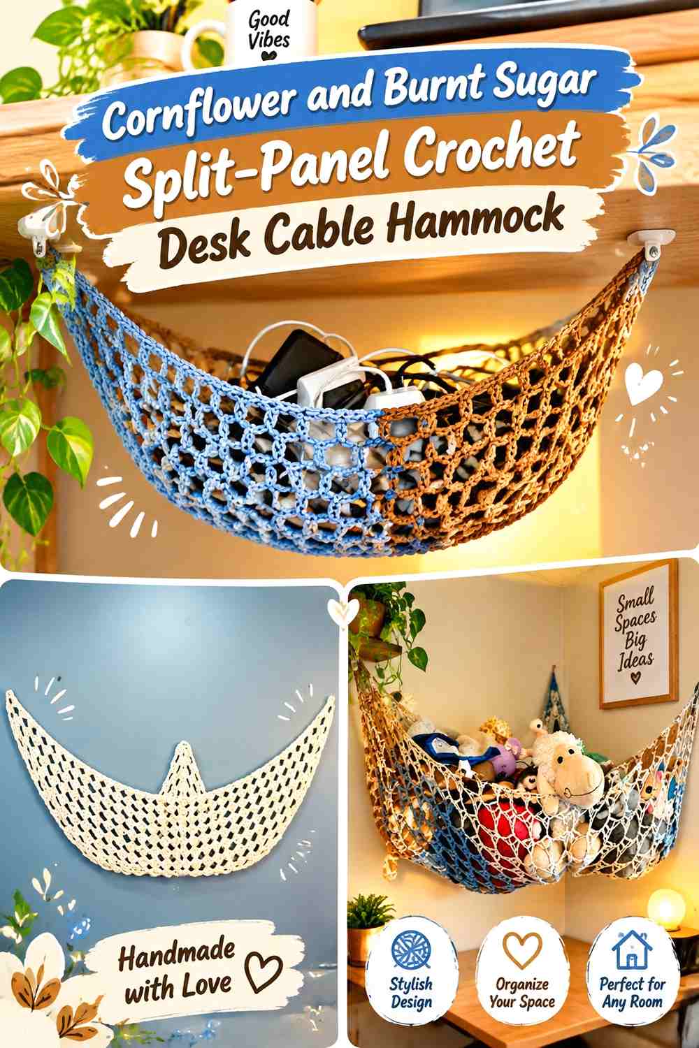 Cornflower and Burnt Sugar Split Panel Crochet Desk Cable Hammock