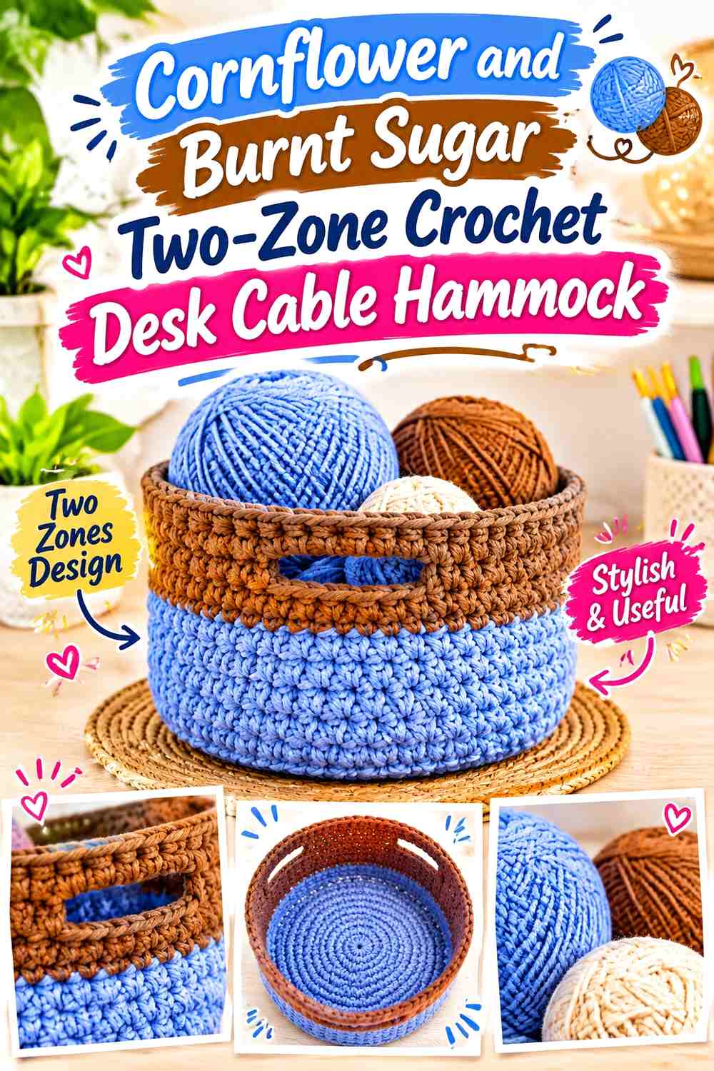 Cornflower and Burnt Sugar Two Zone Crochet Desk Cable Hammock