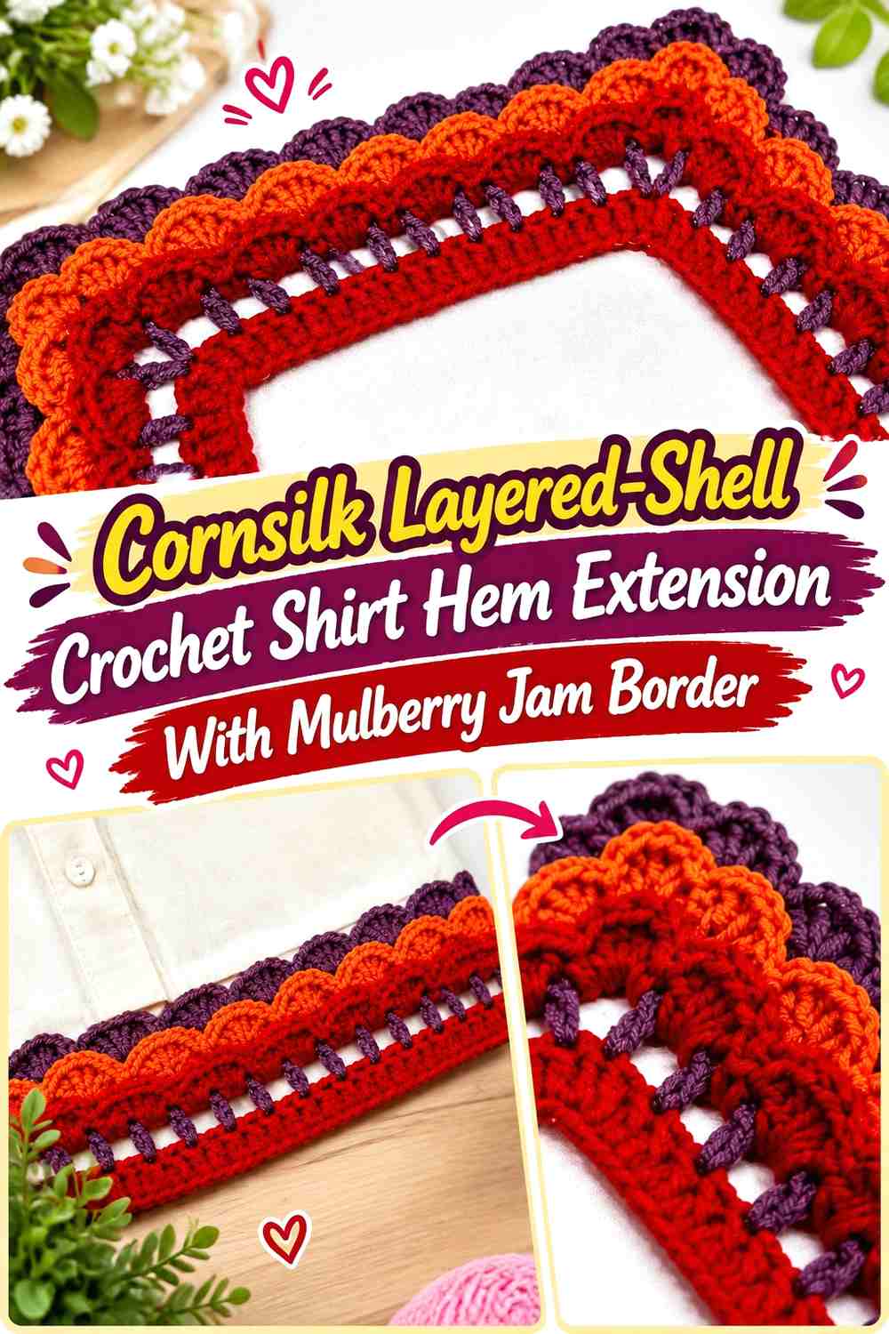 Cornsilk Layered-Shell Crochet Shirt Hem Extension With Mulberry Jam Border