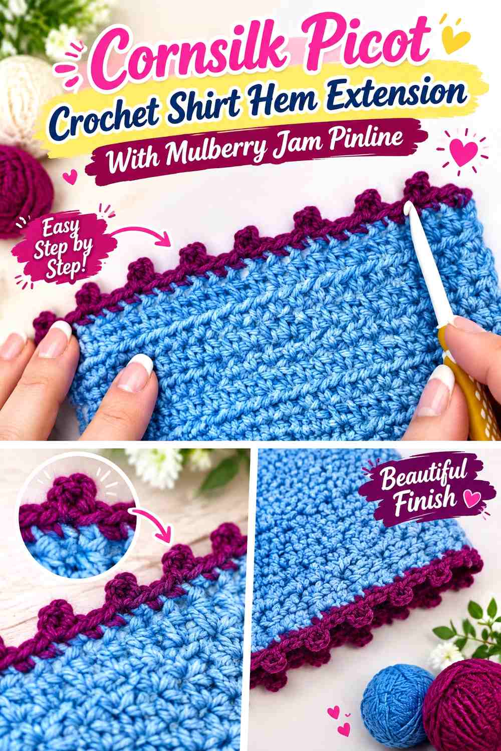 Cornsilk Picot Crochet Shirt Hem Extension With Mulberry Jam Pinline