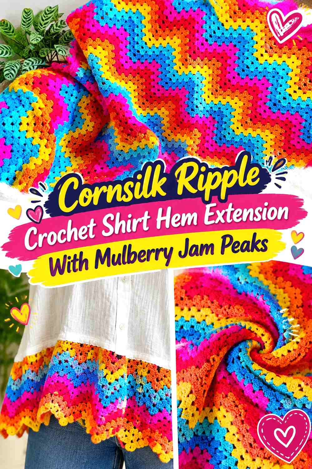 Cornsilk Ripple Crochet Shirt Hem Extension With Mulberry Jam Peaks